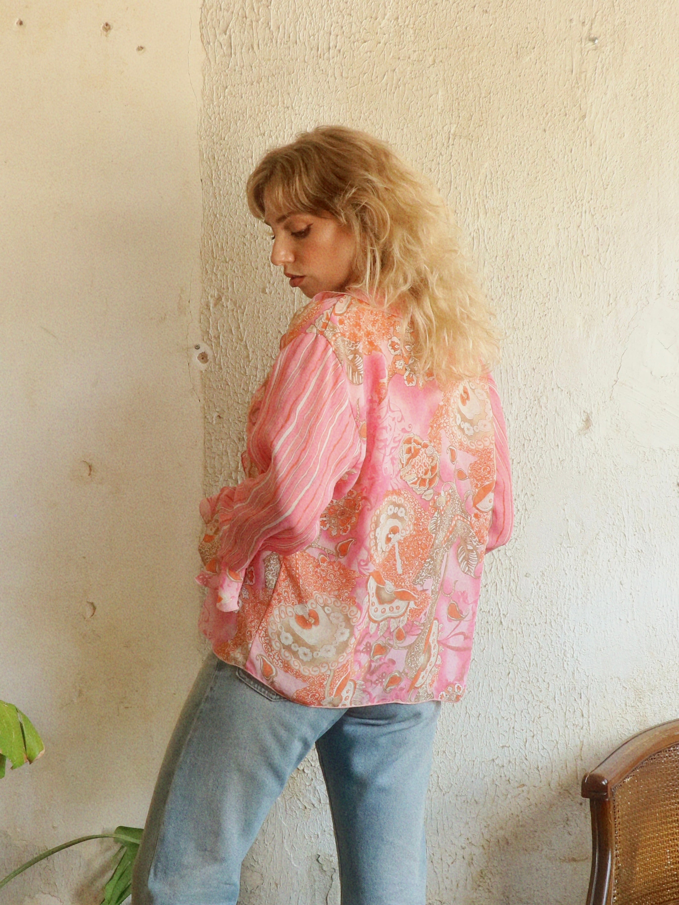 Y2K Pink Paisley Tie Blouse - Size Large
