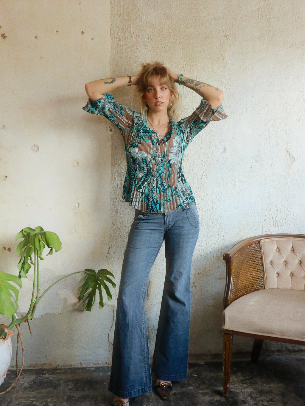 Y2K Floral Pleated Blouse - Size Small