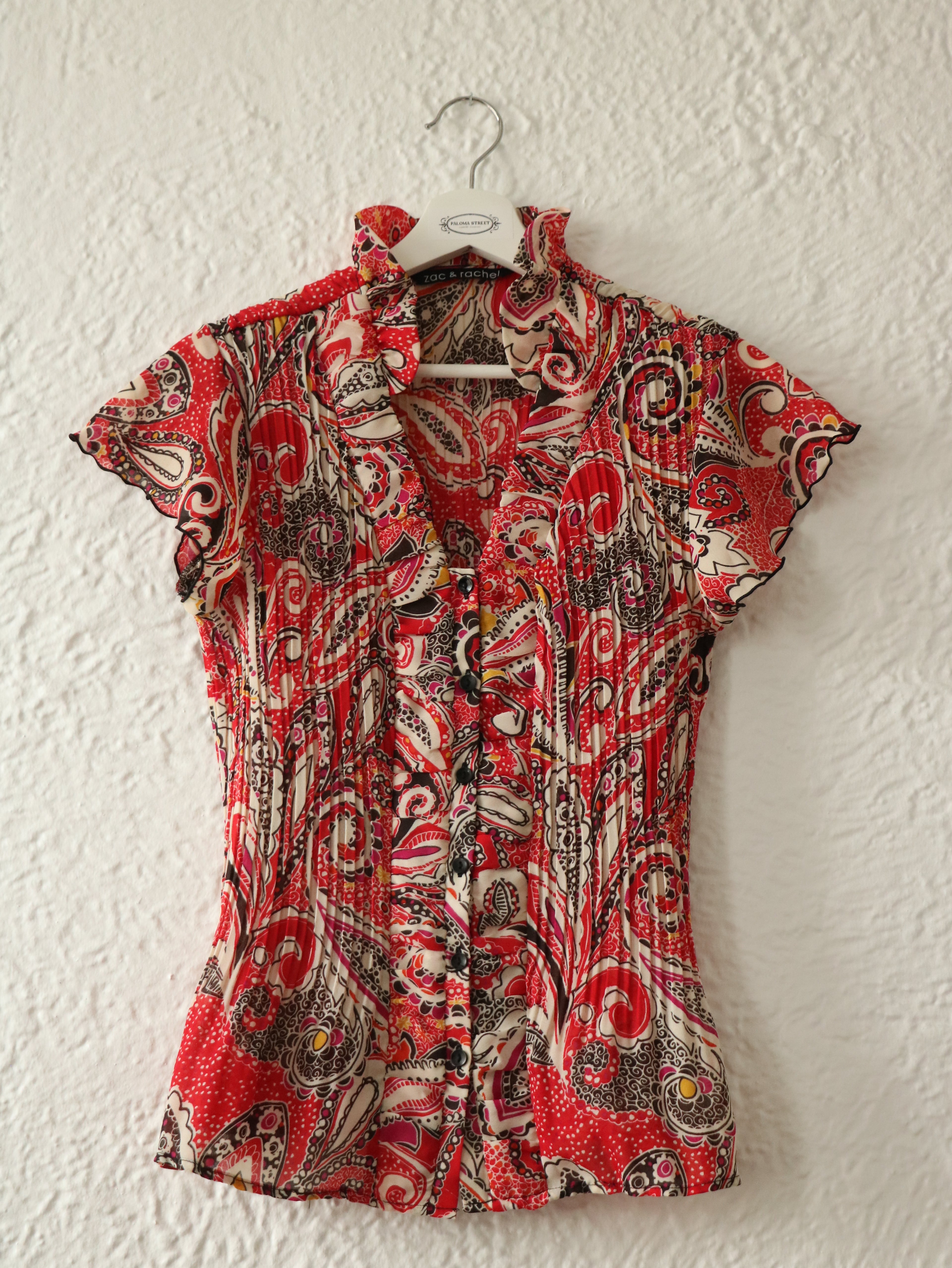 Y2K Red Paisley Pleated Blouse - Size Medium
