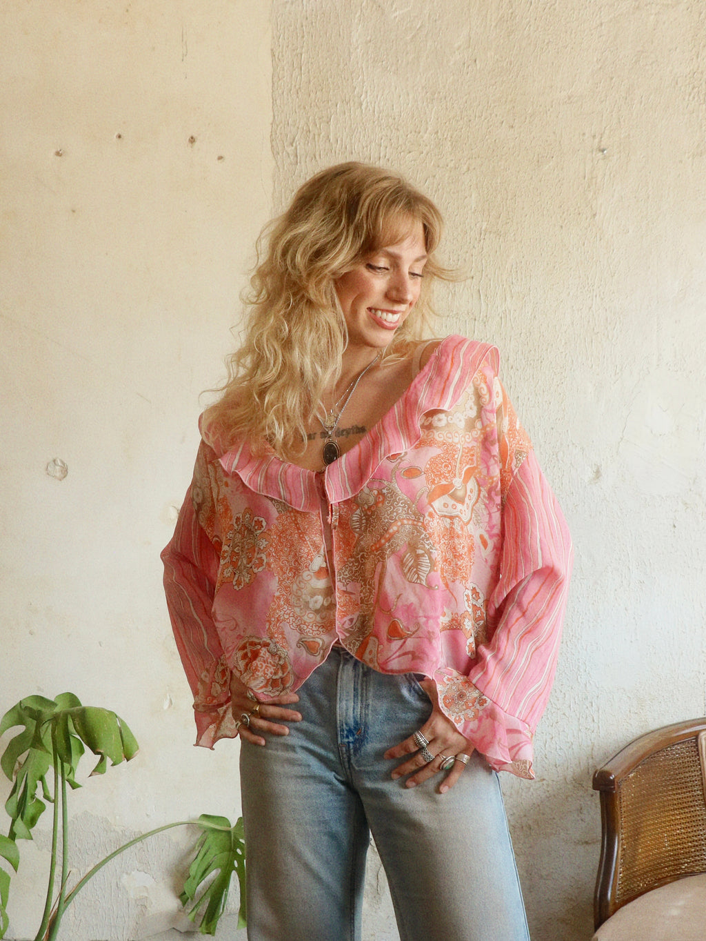 Y2K Pink Paisley Tie Blouse - Size Large