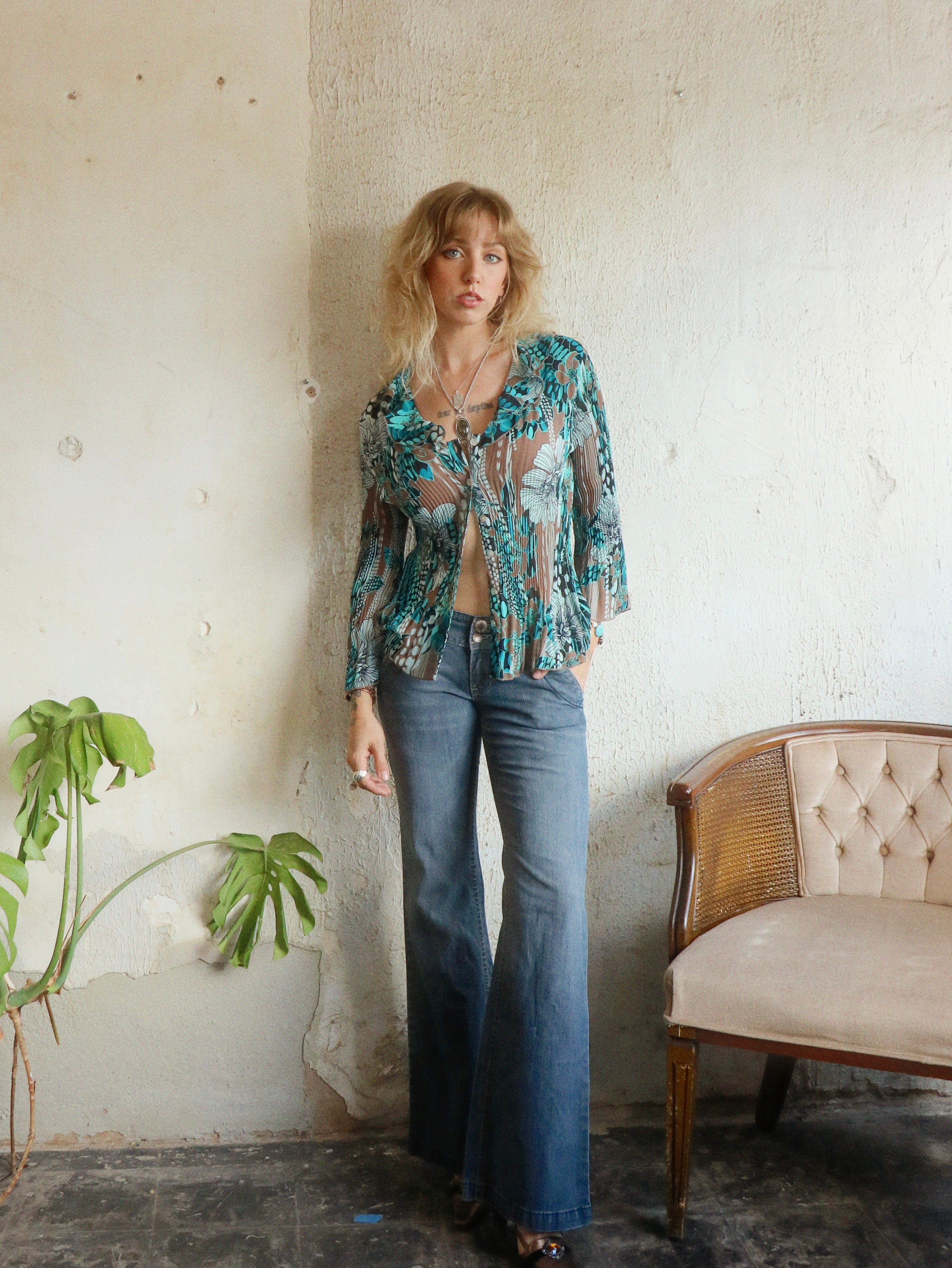 Y2K Floral Pleated Blouse - Size Small