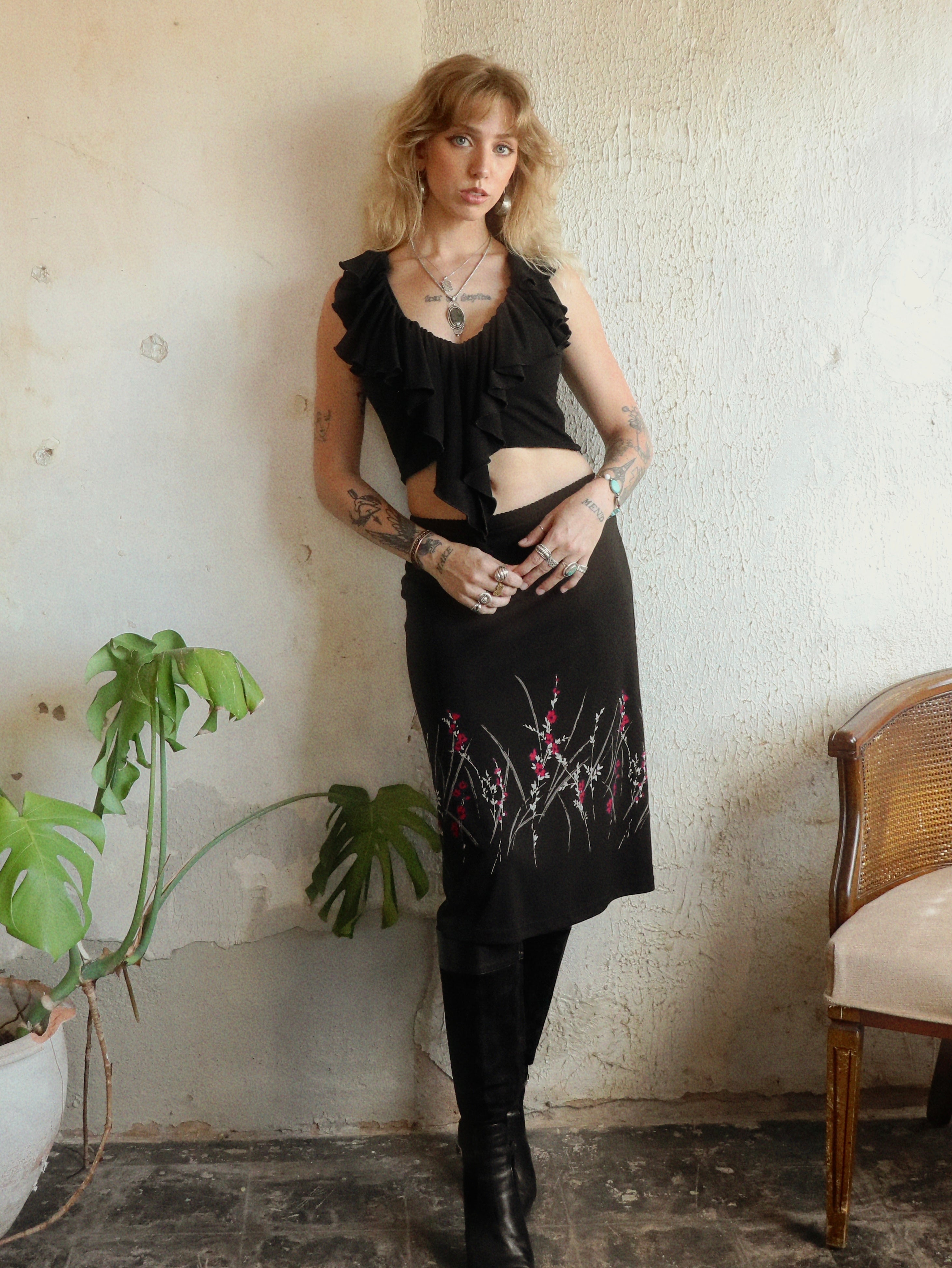 Y2K Cherry Blossom Midi Skirt - Size XS