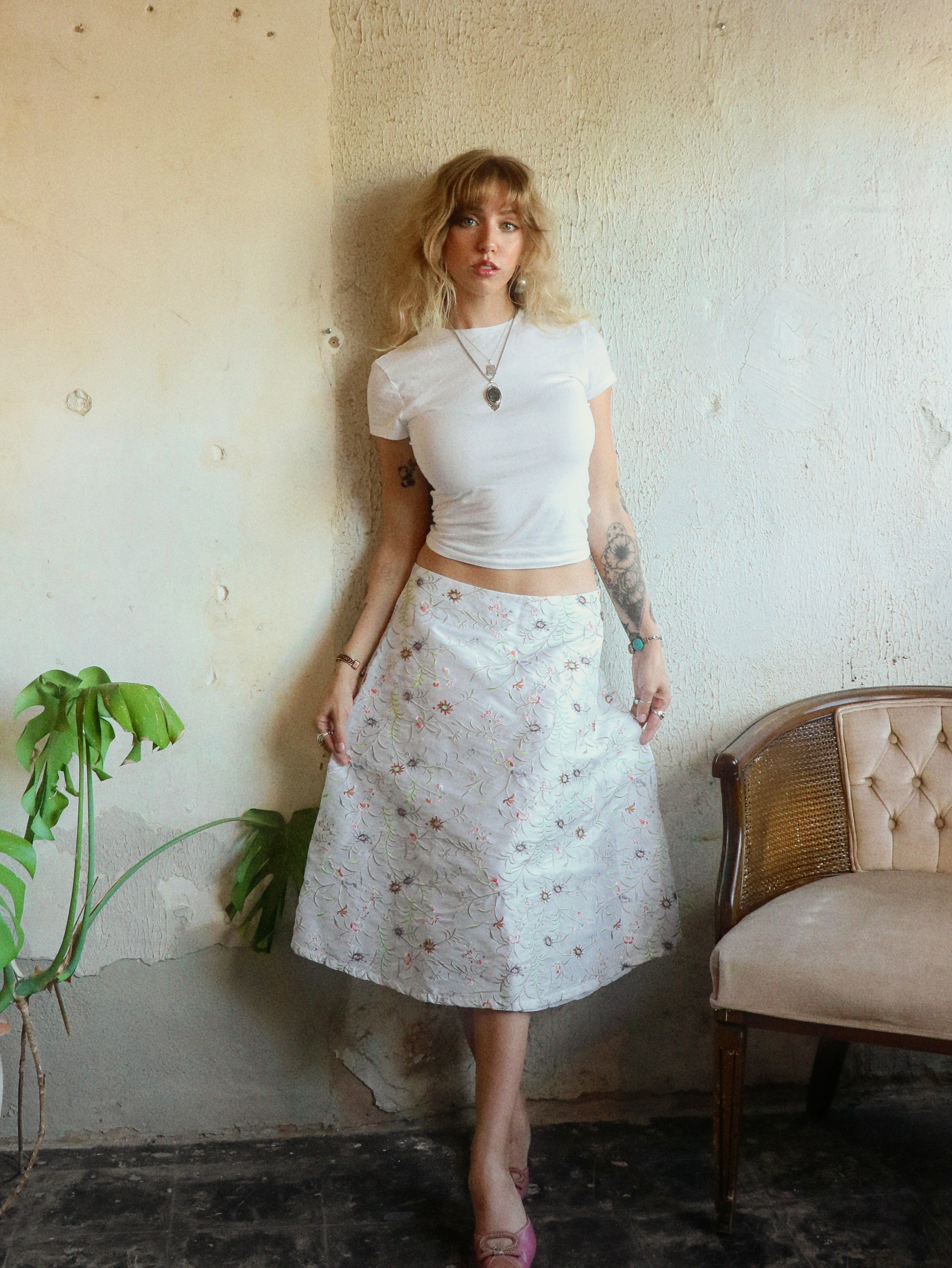 Y2K Floral Embroidered Midi Skirt - Size Large