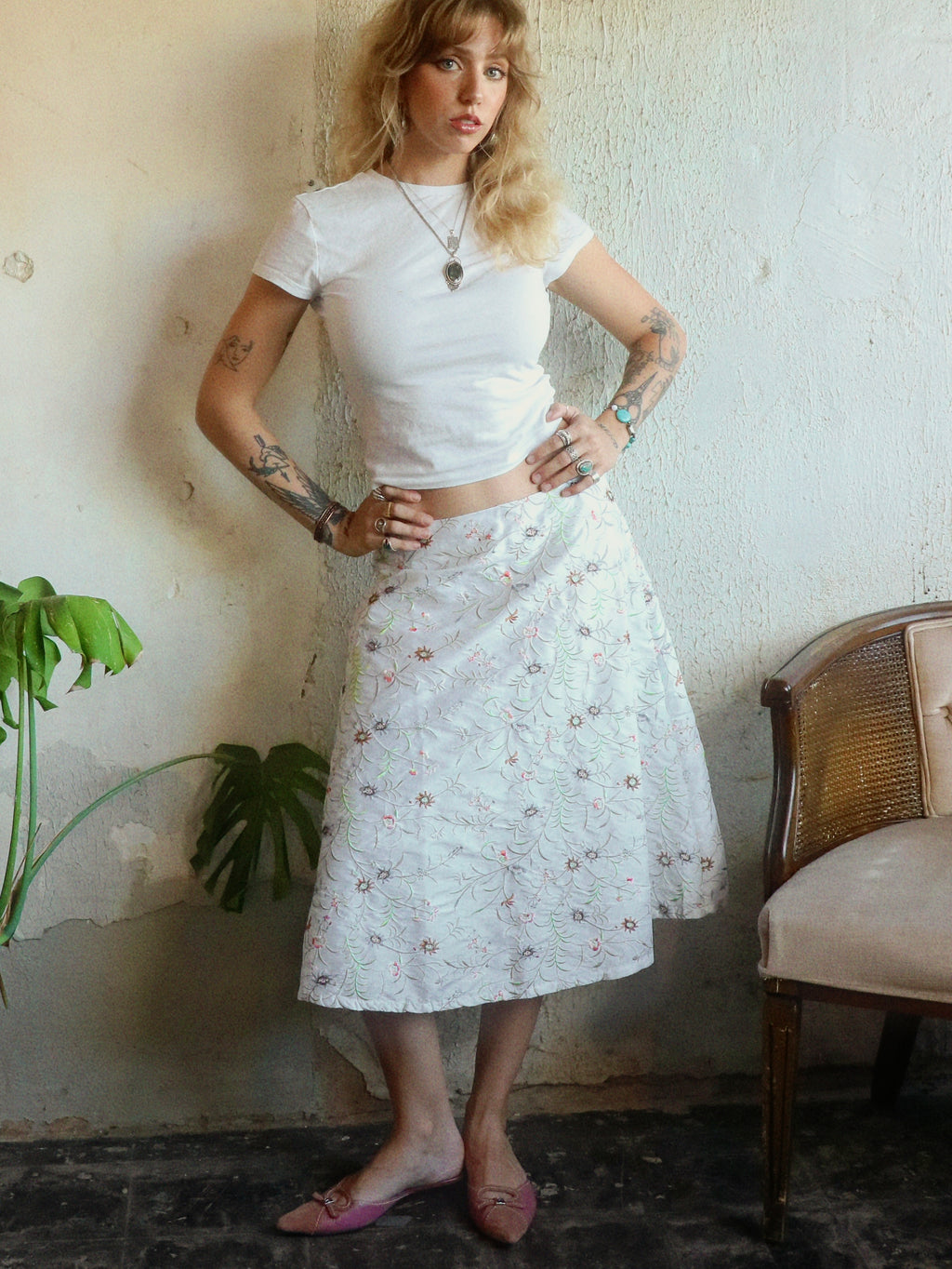 Y2K Floral Embroidered Midi Skirt - Size Large