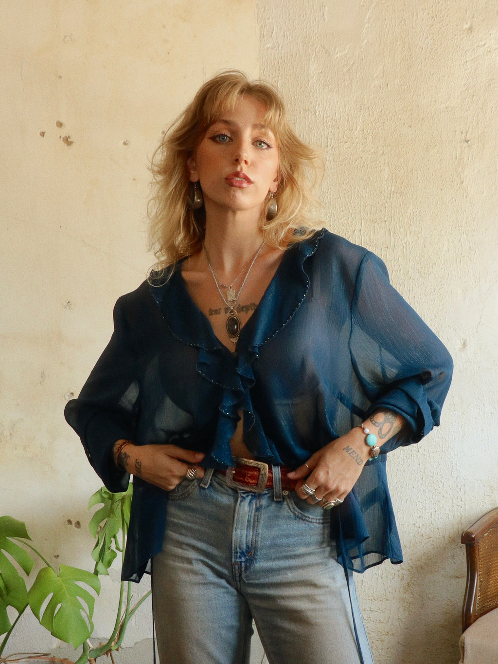 Y2K Metallic Beaded Chiffon Blouse - Size 18WP (XL)