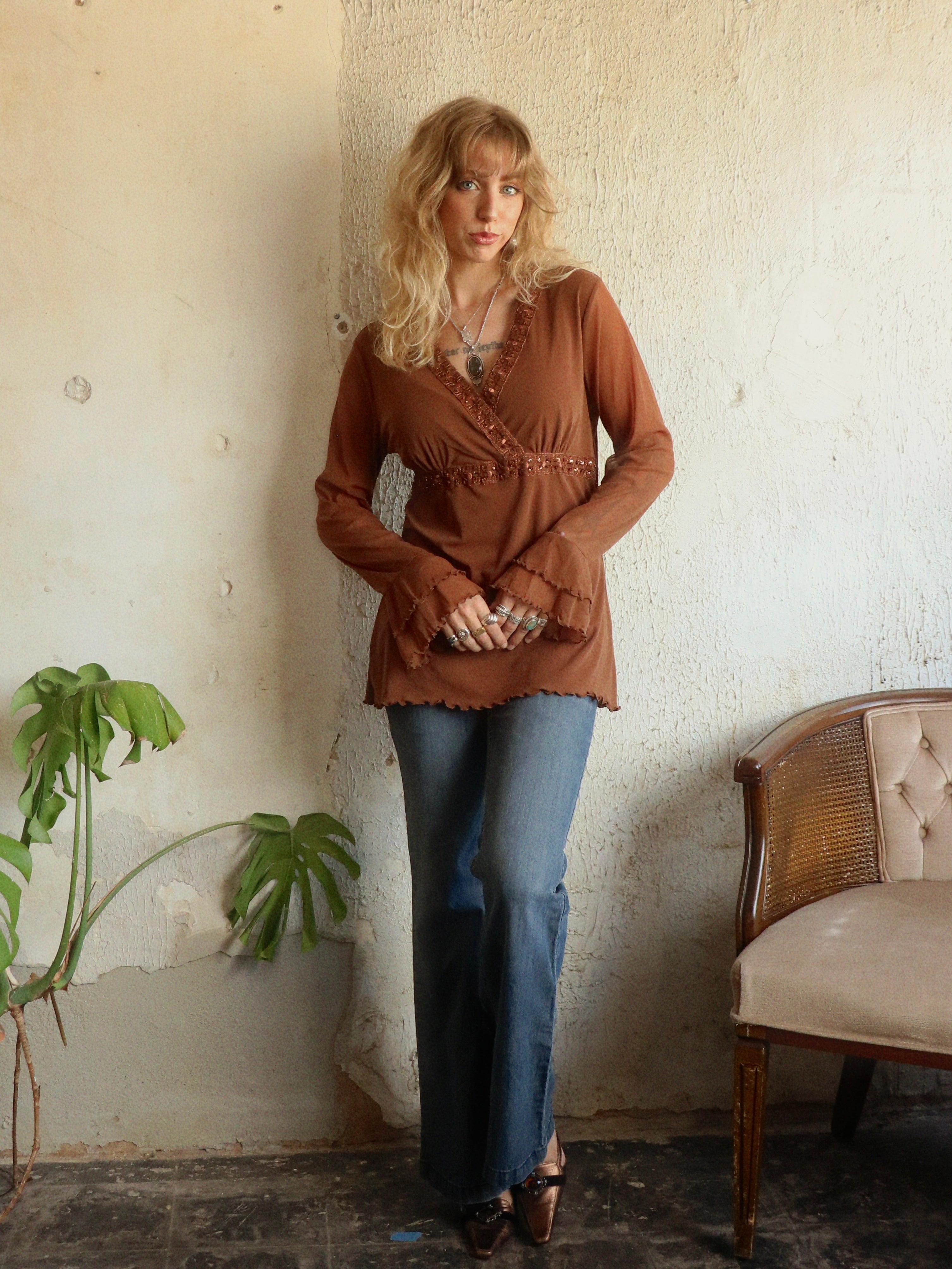 Y2K Beaded Cocoa Java Blouse - Size Large