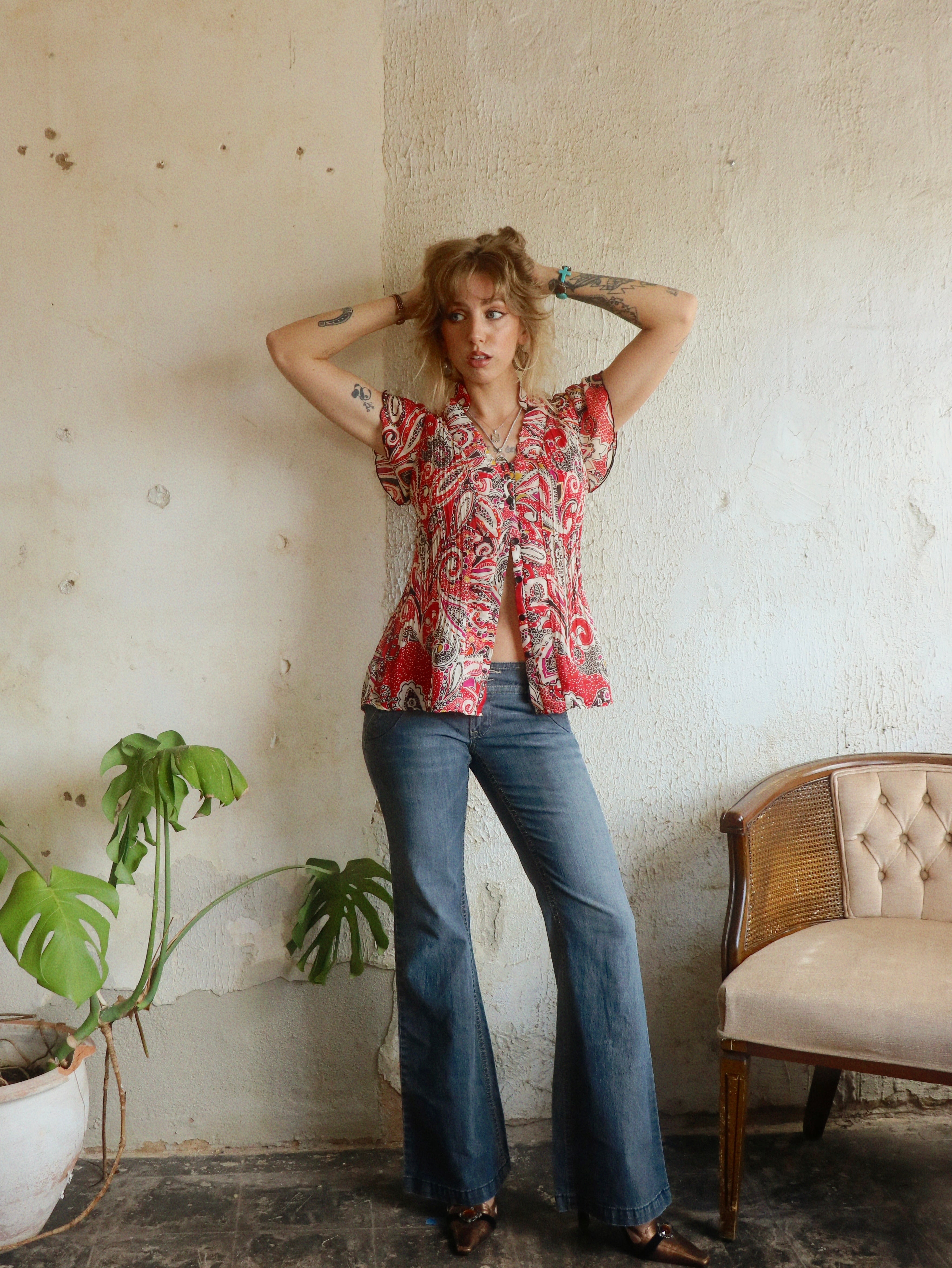 Y2K Red Paisley Pleated Blouse - Size Medium