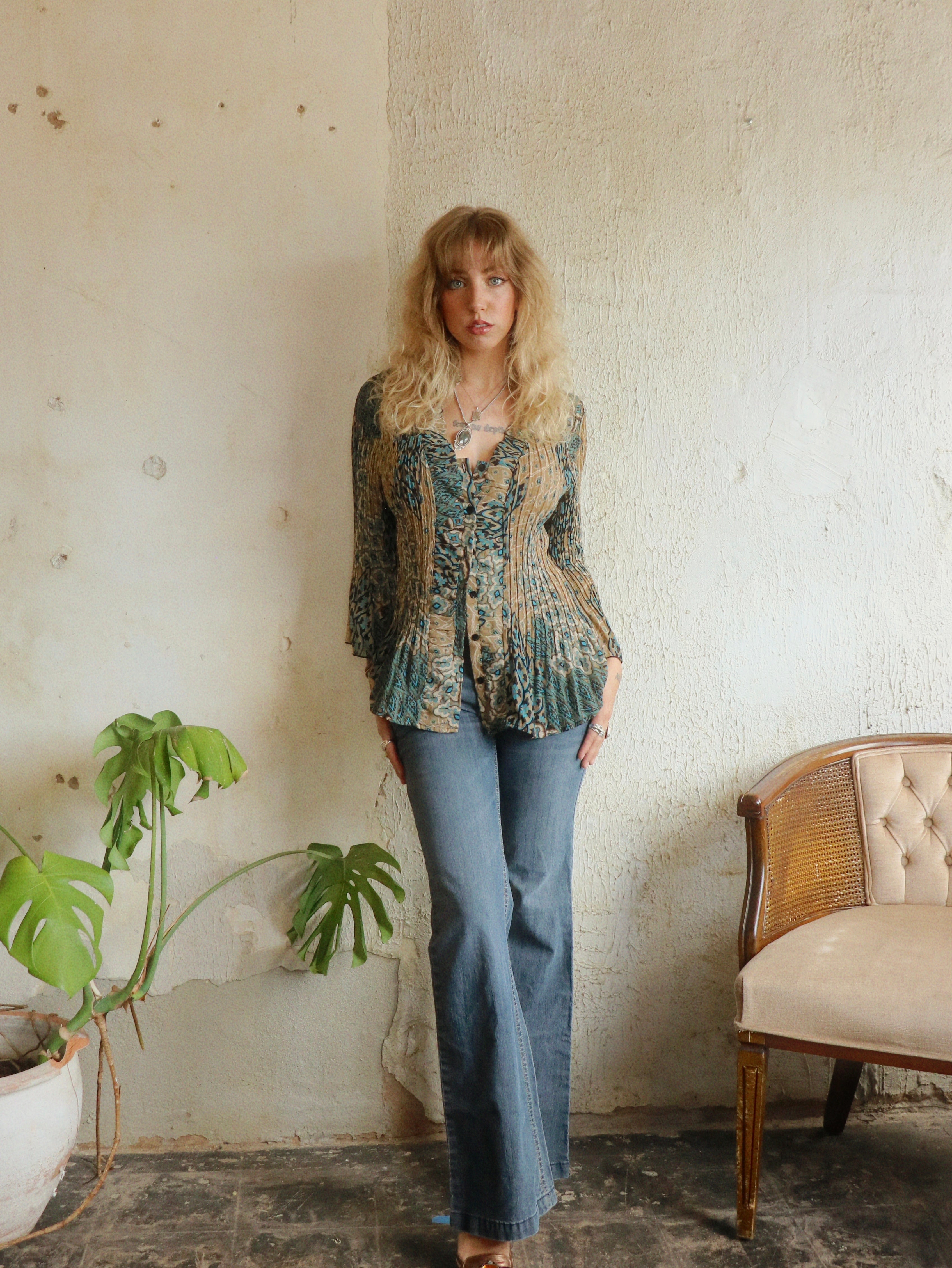 Y2K Ruffle Pleated Blouse - Size Large