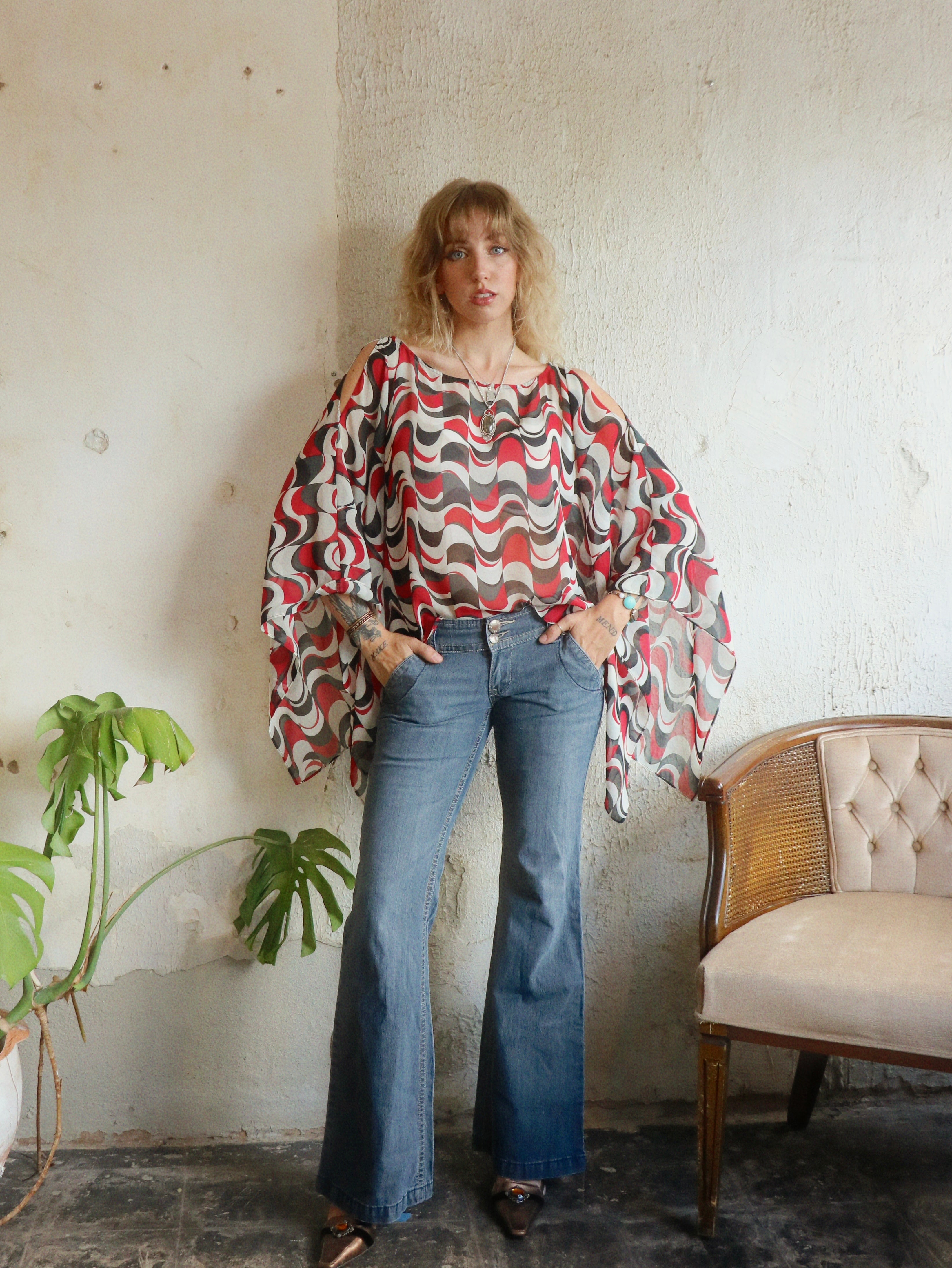 Y2K Cold Shoulder Handkerchief Blouse - Size Large