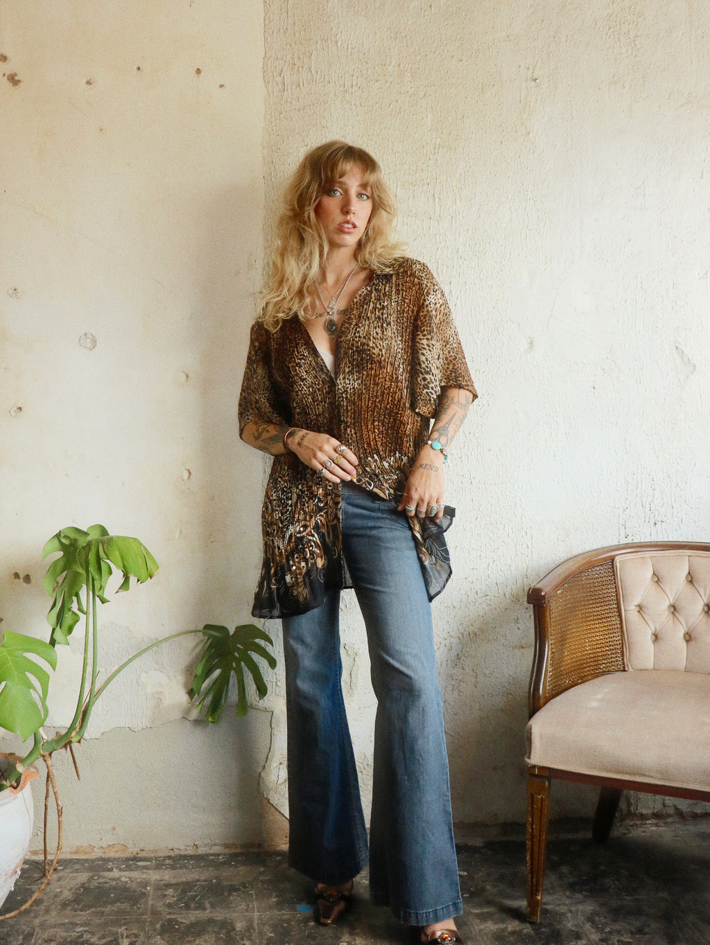 Y2K Beaded Leopard Swing Blouse - Size 3X