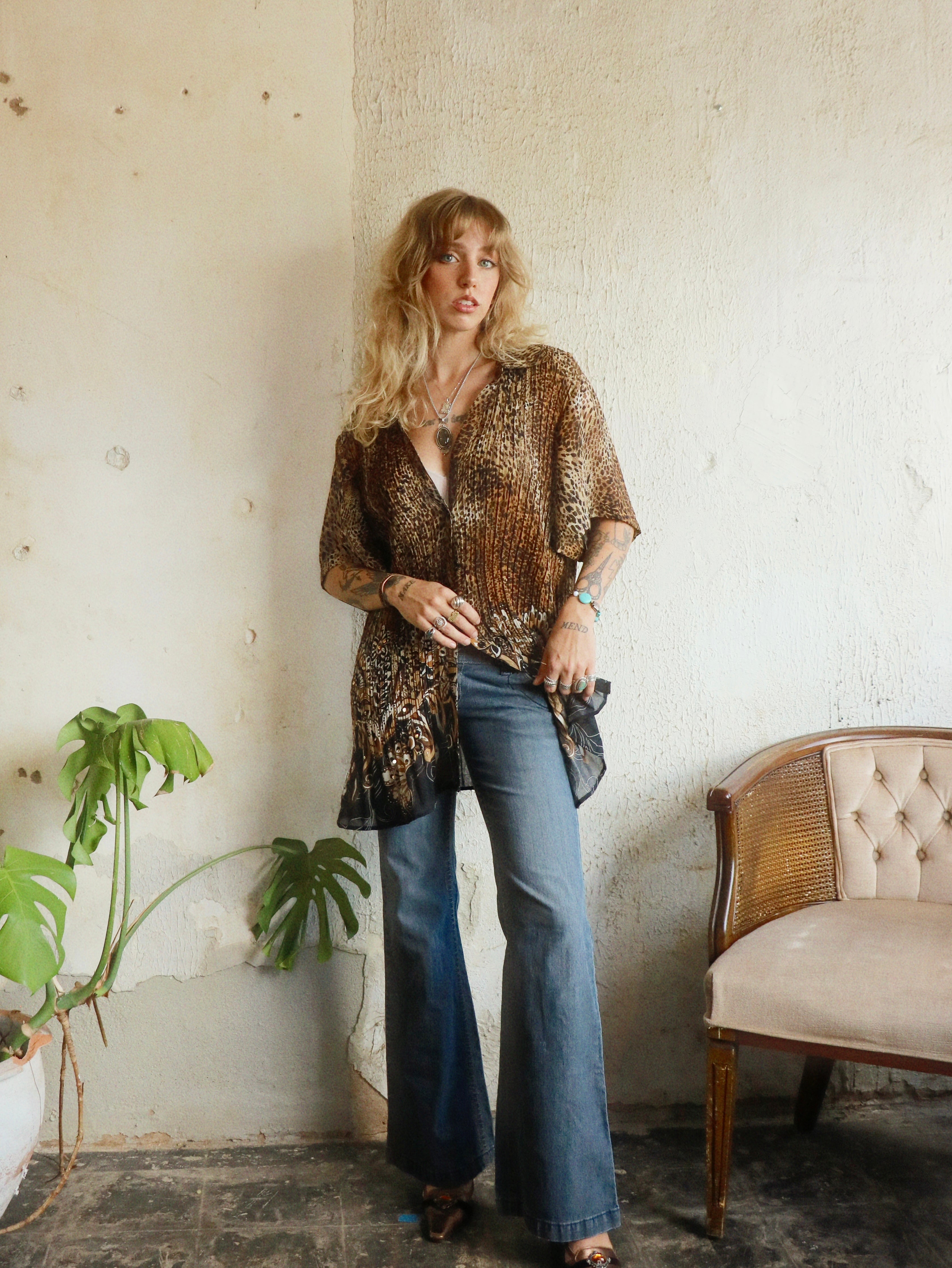 Y2K Beaded Leopard Swing Blouse - Size 3X