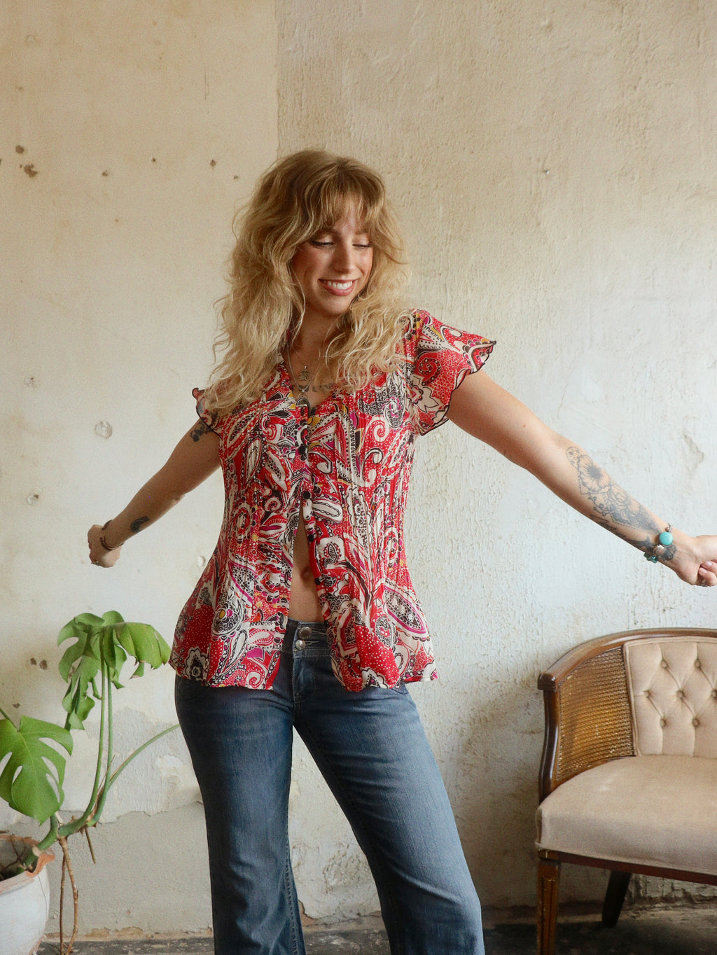 Y2K Red Paisley Pleated Blouse - Size Medium