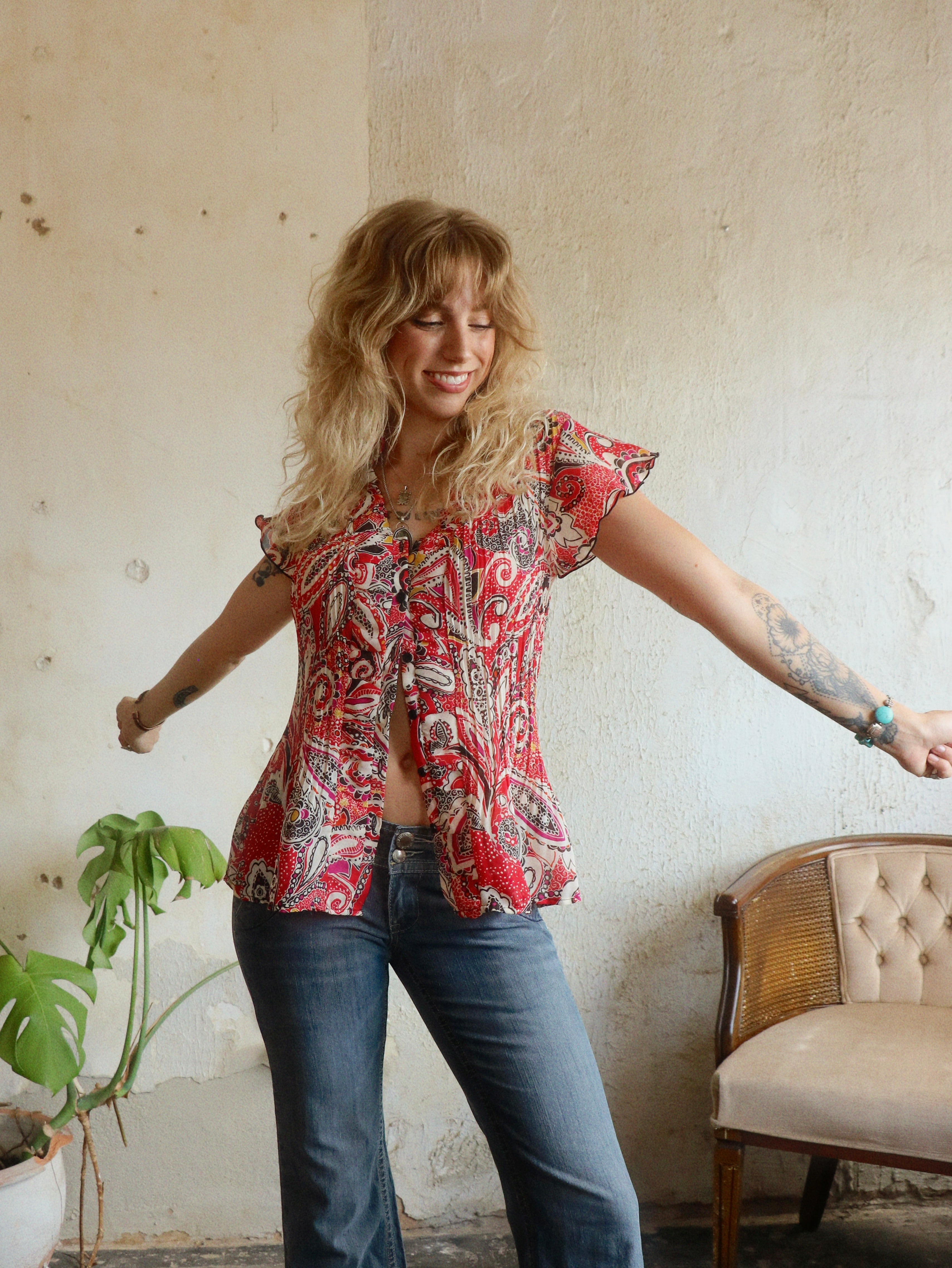 Y2K Red Paisley Pleated Blouse - Size Medium
