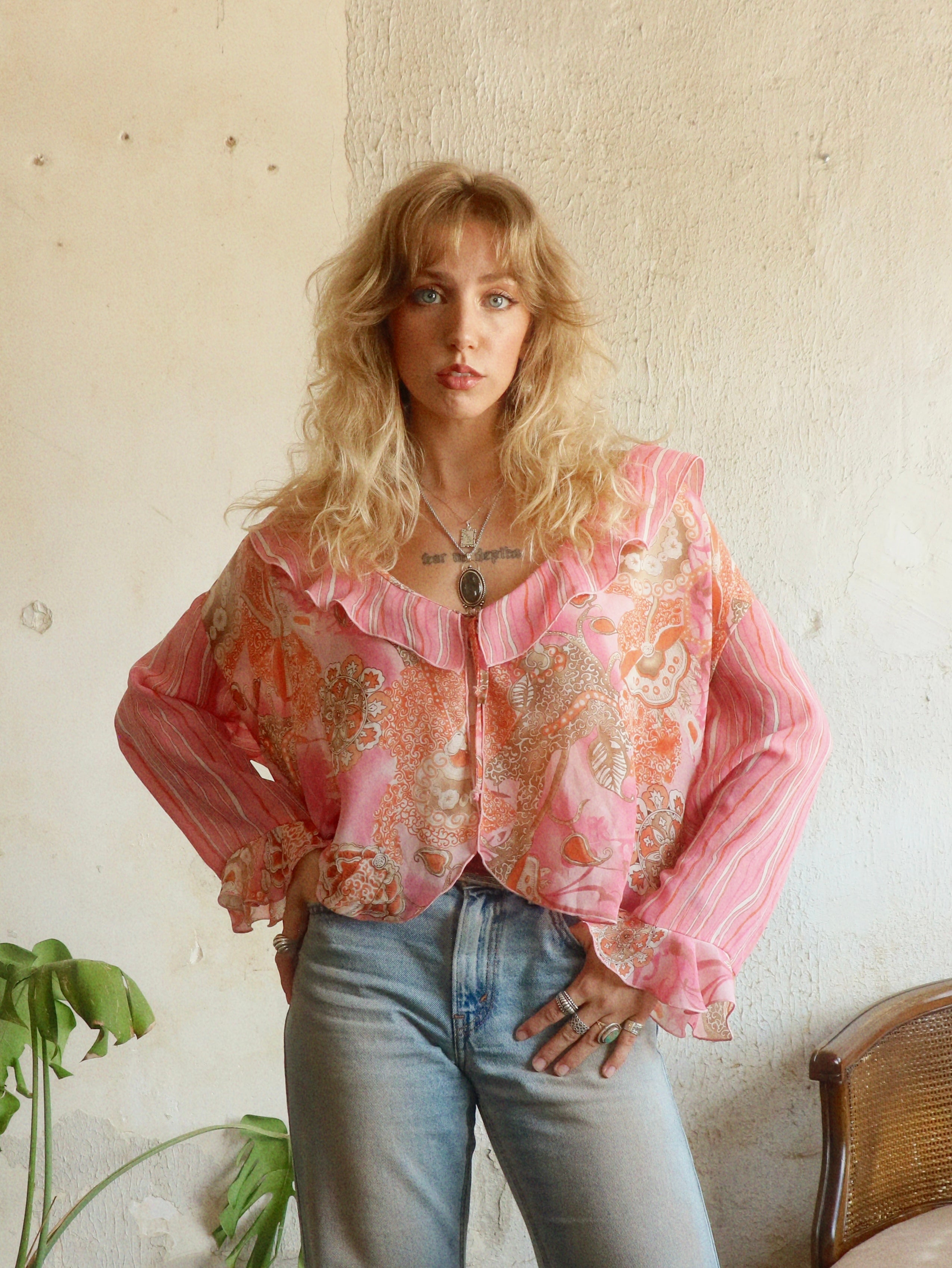 Y2K Pink Paisley Tie Blouse - Size Large