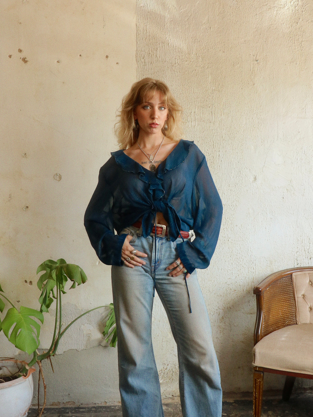 Y2K Metallic Beaded Chiffon Blouse - Size 18WP (XL)