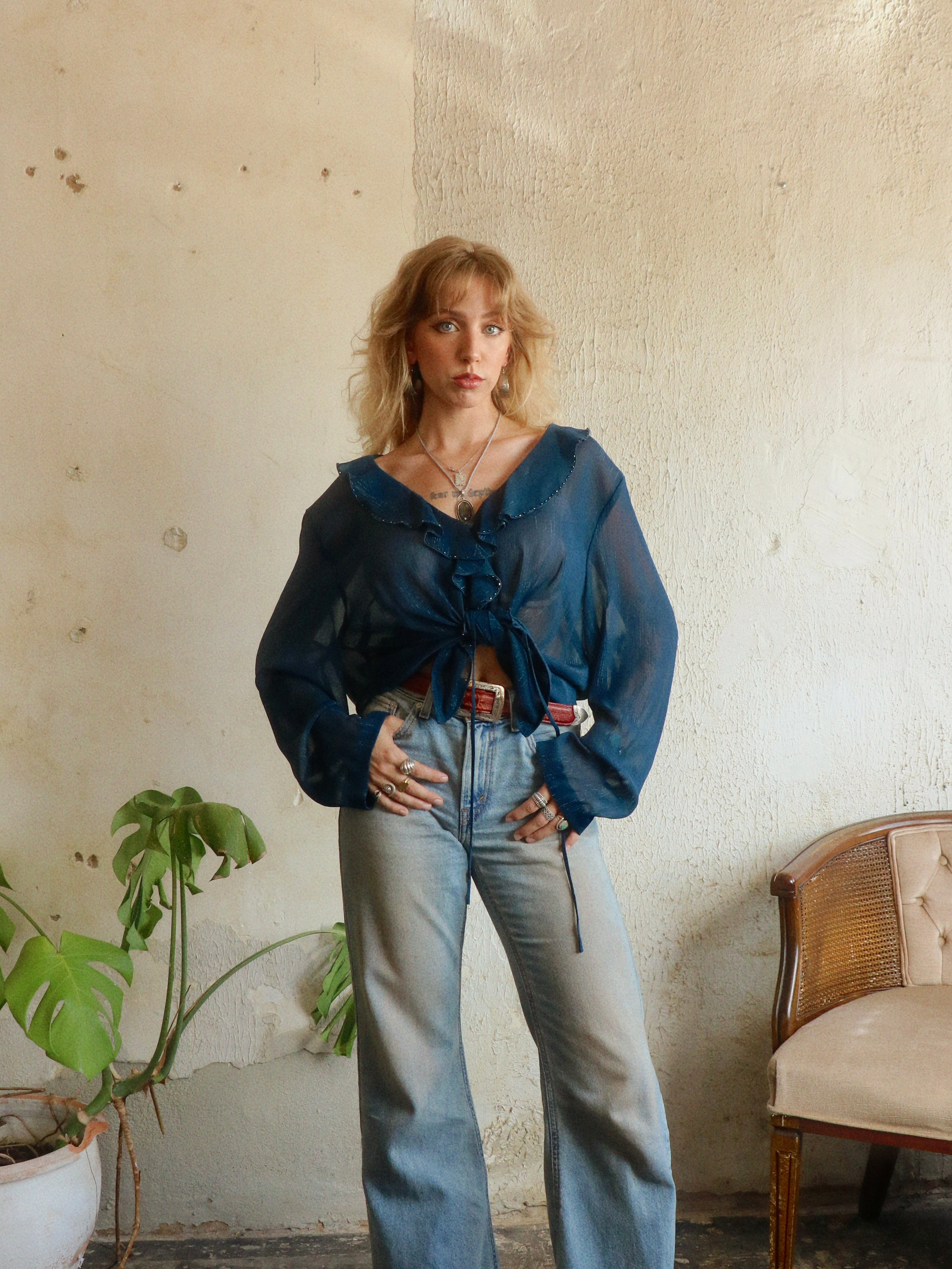 Y2K Metallic Beaded Chiffon Blouse - Size 18WP (XL)