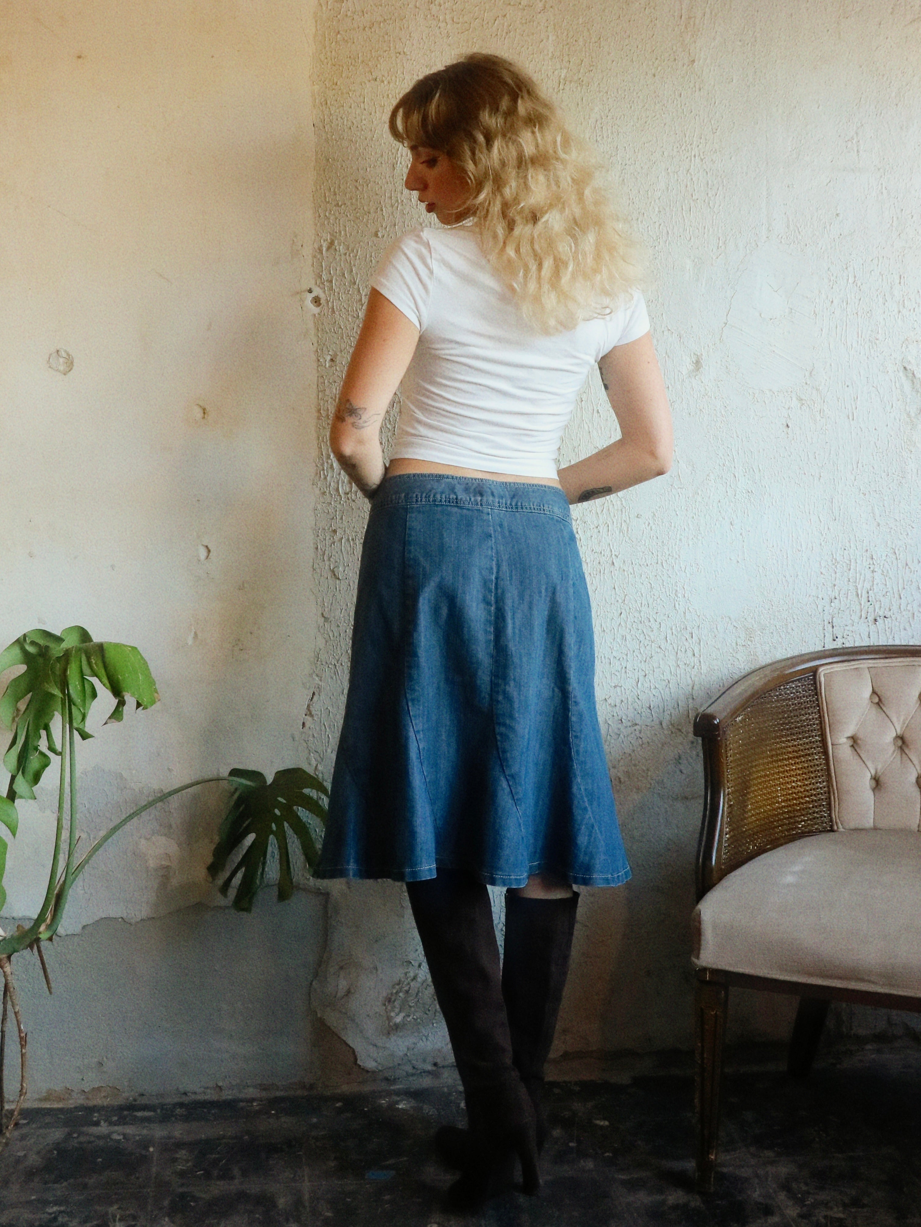 Y2K Denim Swing Midi Skirt - Size 10 (Medium)