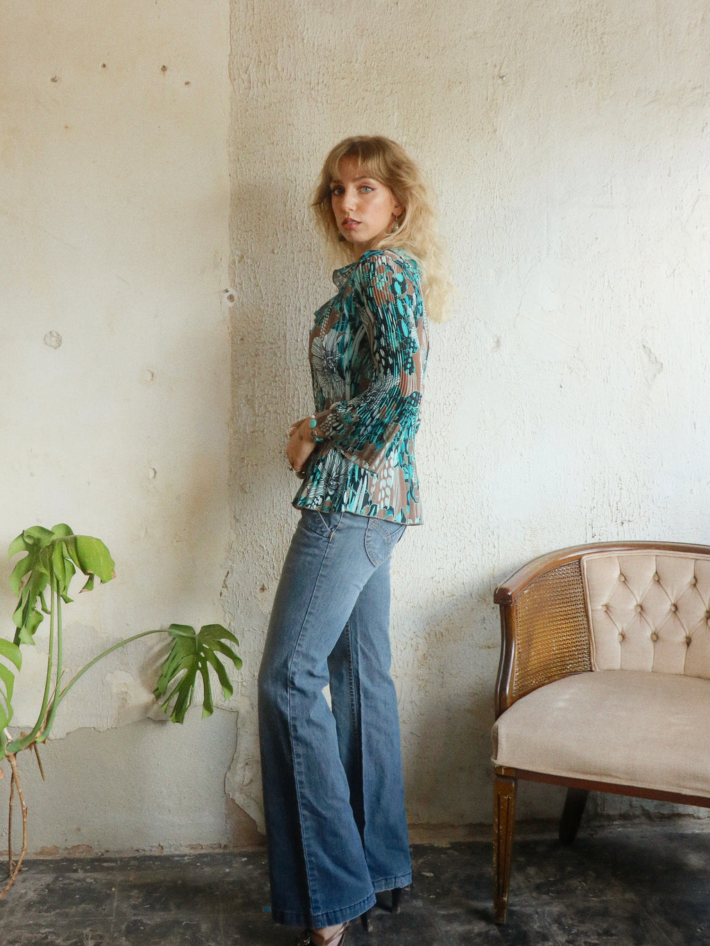 Y2K Floral Pleated Blouse - Size Small
