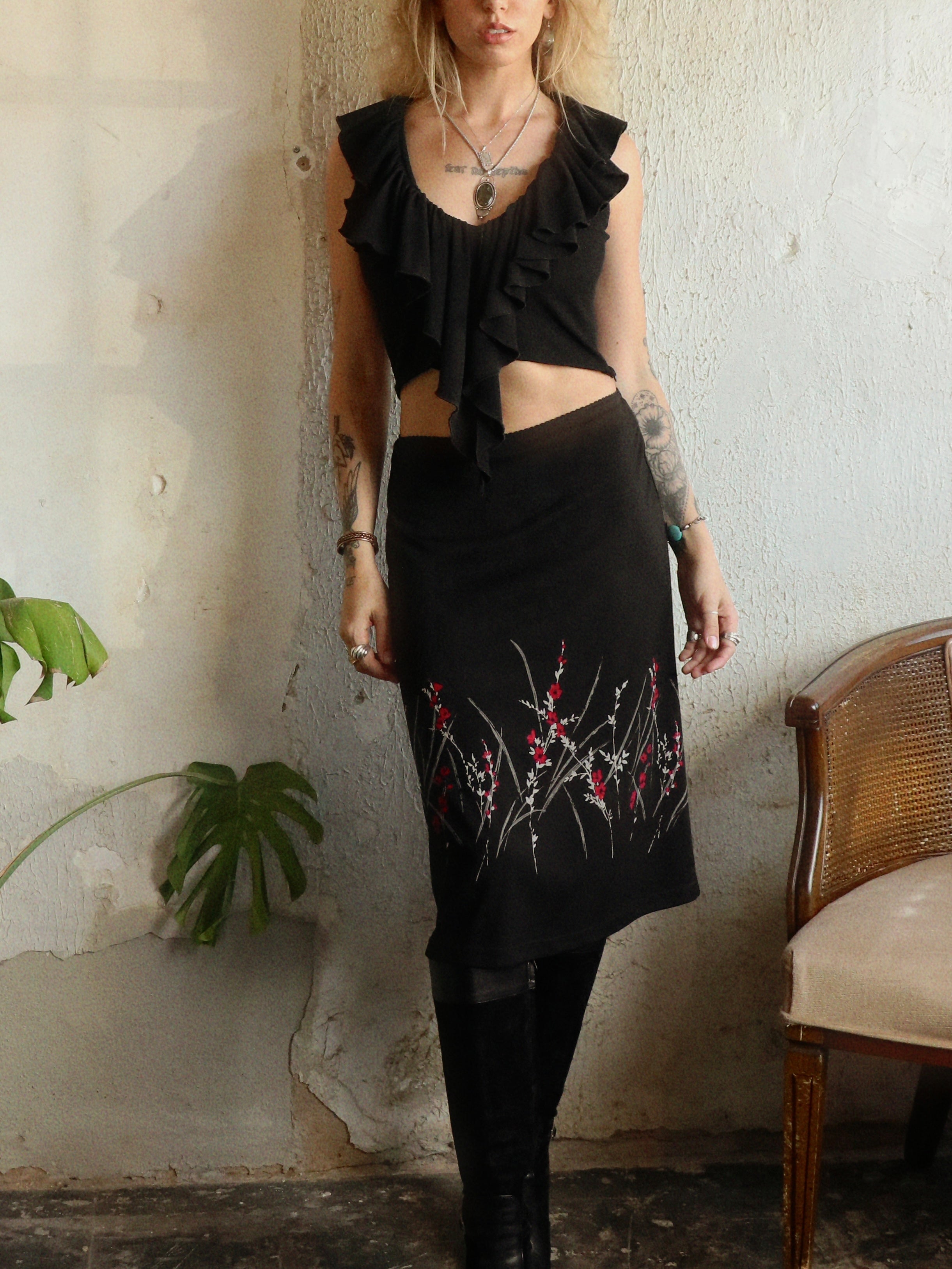 Y2K Cherry Blossom Midi Skirt - Size XS