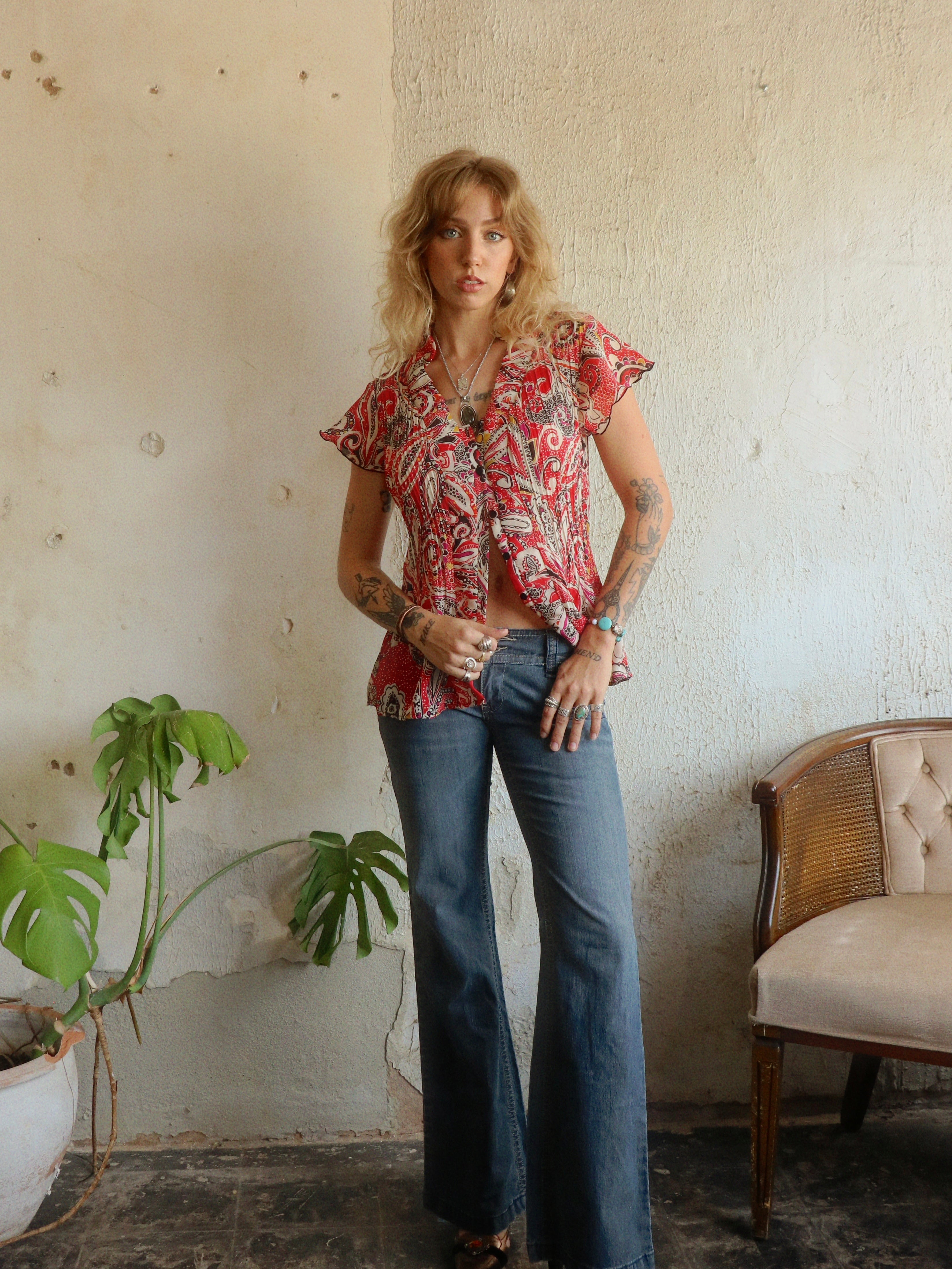 Y2K Red Paisley Pleated Blouse - Size Medium