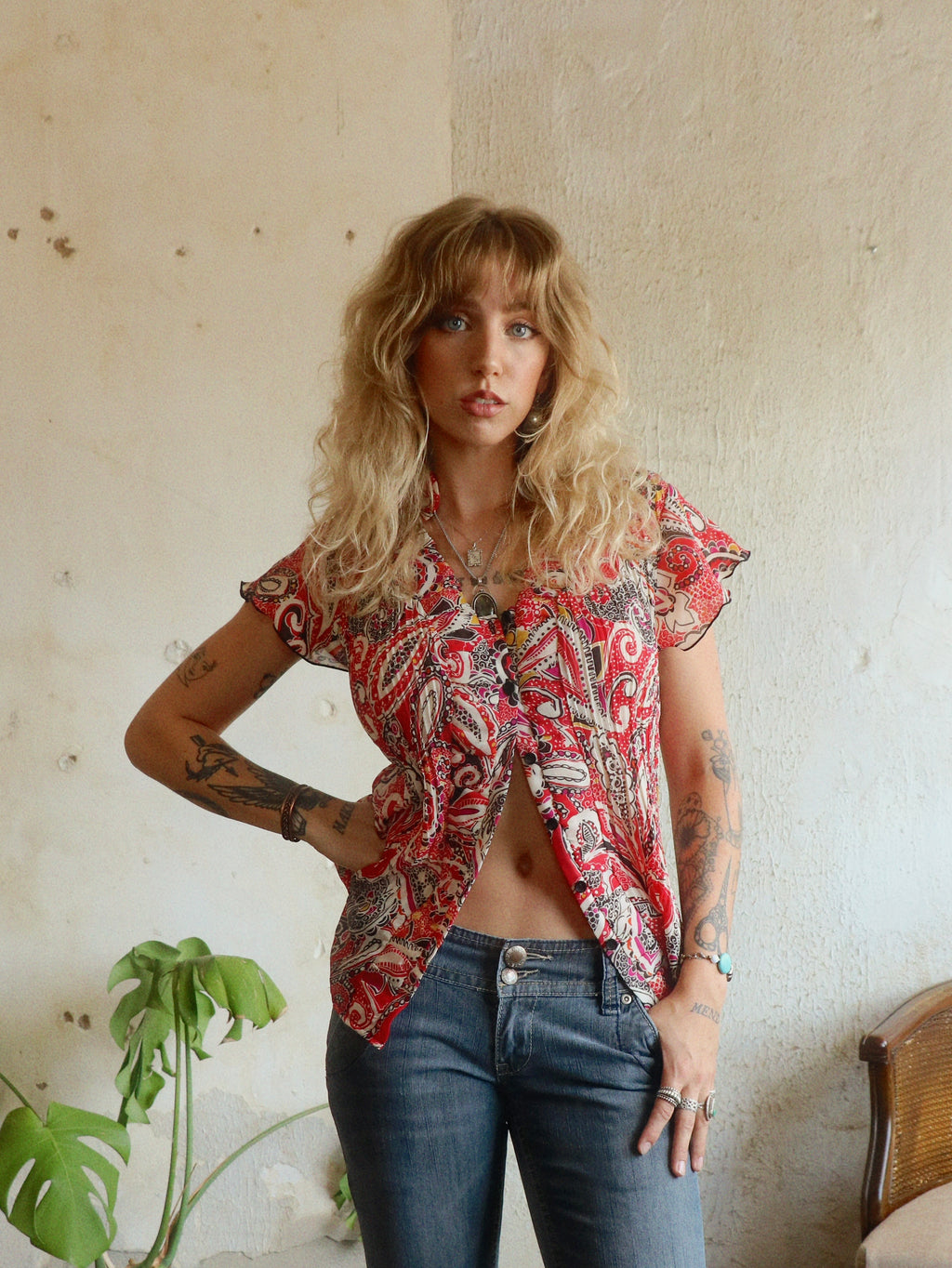 Y2K Red Paisley Pleated Blouse - Size Medium