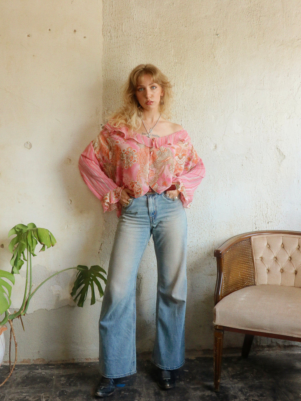Y2K Pink Paisley Tie Blouse - Size Large