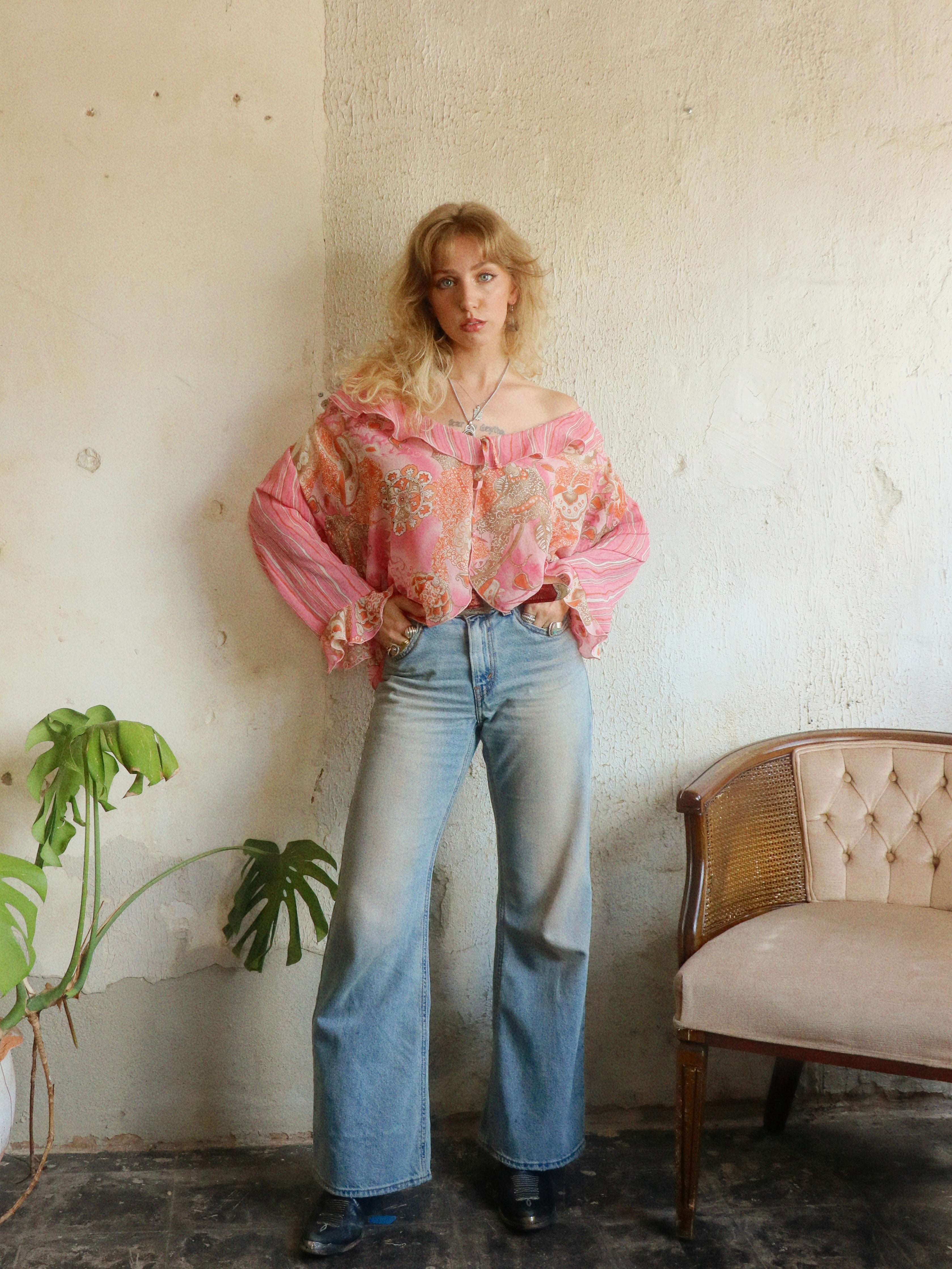 Y2K Pink Paisley Tie Blouse - Size Large