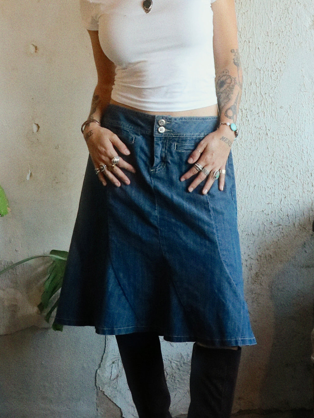 Y2K Denim Swing Midi Skirt - Size 10 (Medium)