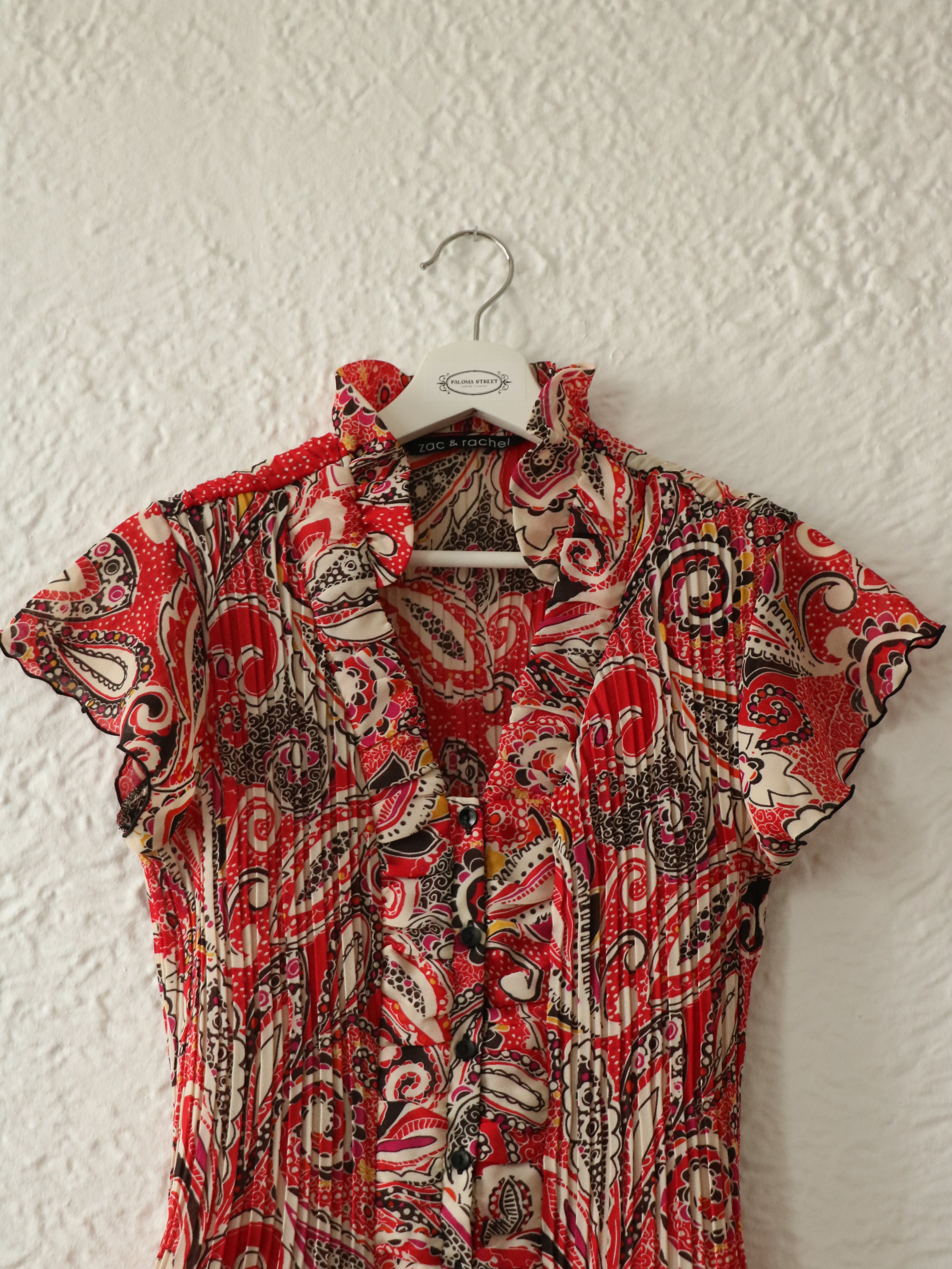 Y2K Red Paisley Pleated Blouse - Size Medium