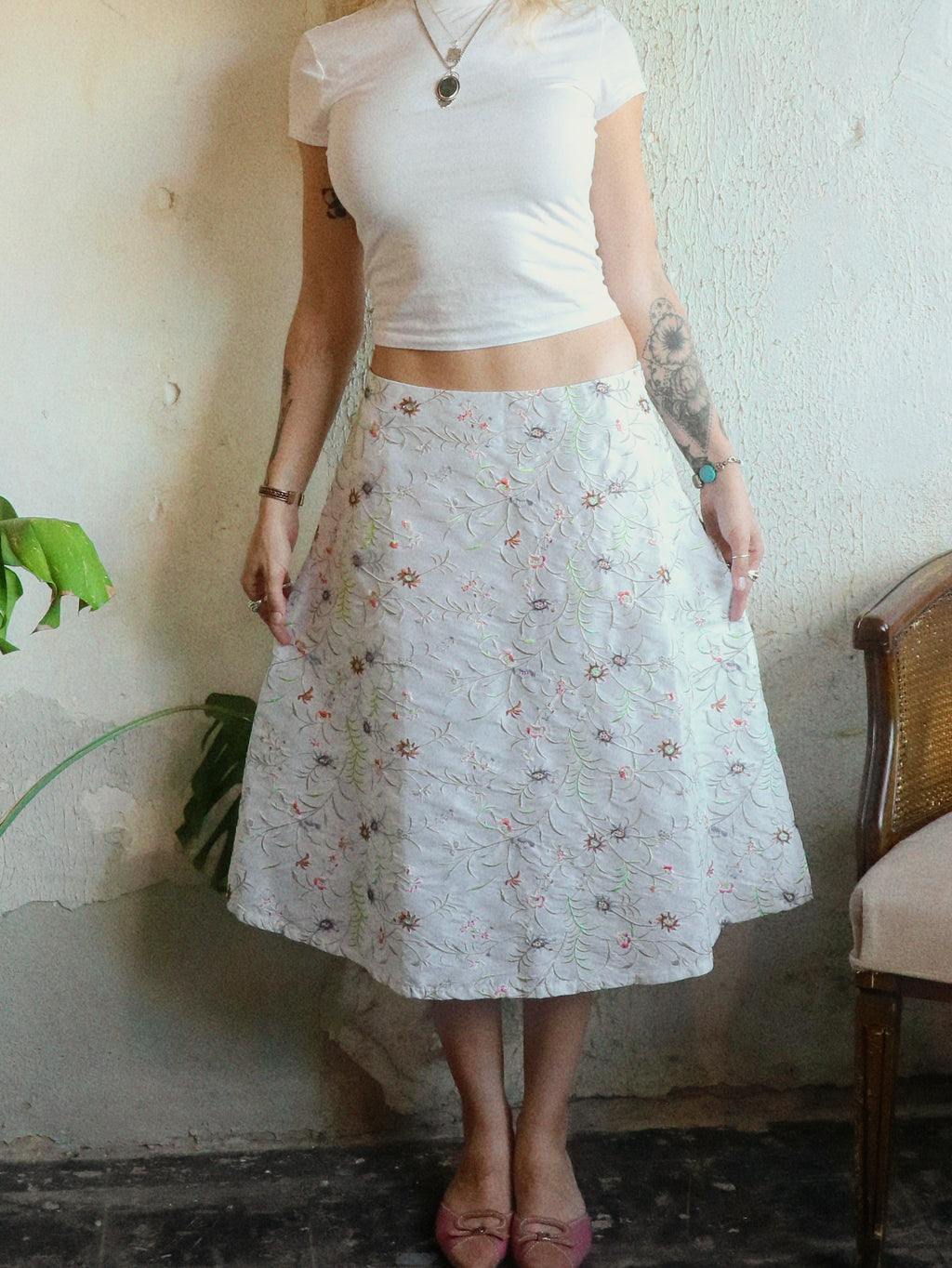 Y2K Floral Embroidered Midi Skirt - Size Large