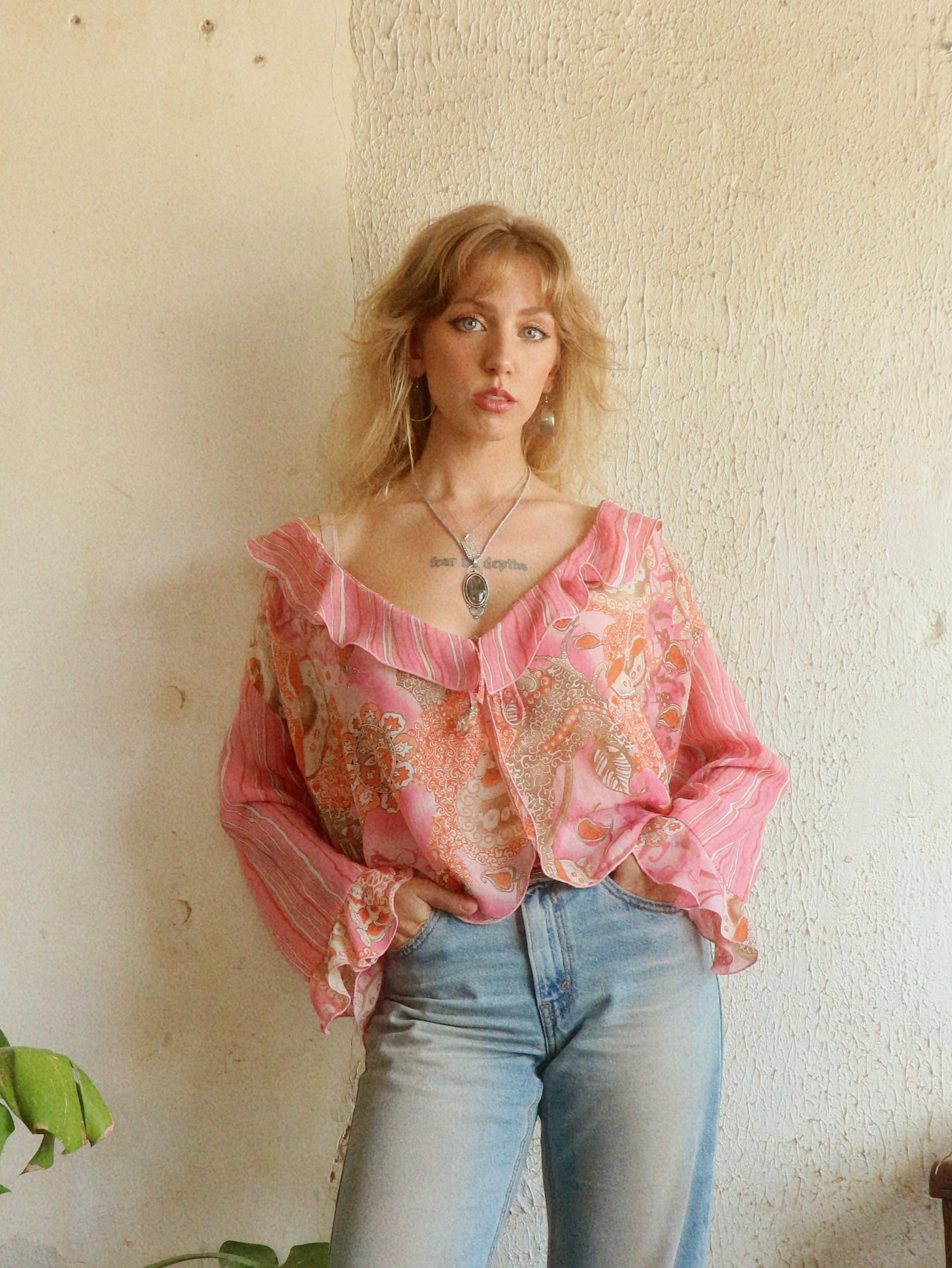 Y2K Pink Paisley Tie Blouse - Size Large