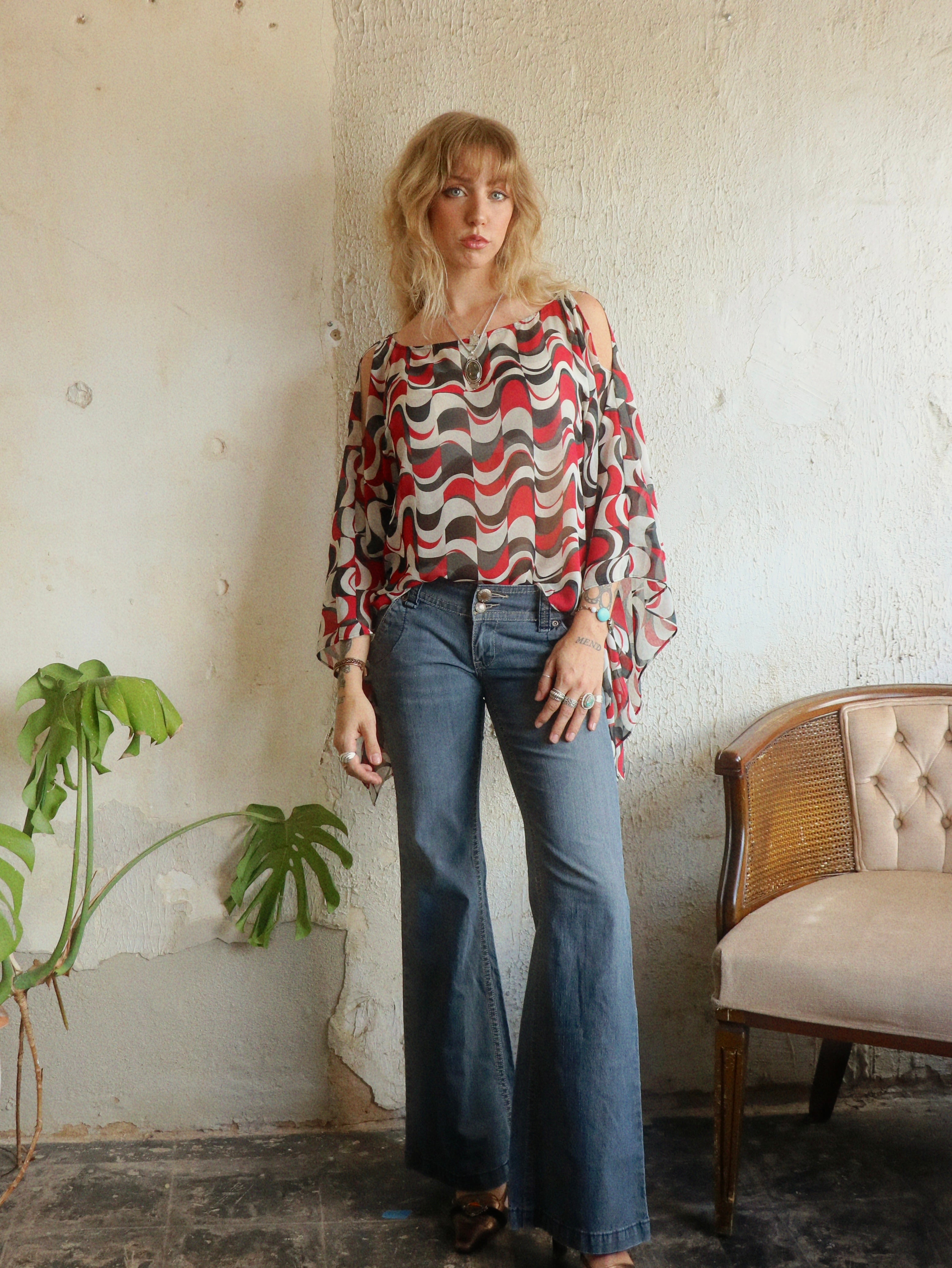 Y2K Cold Shoulder Handkerchief Blouse - Size Large