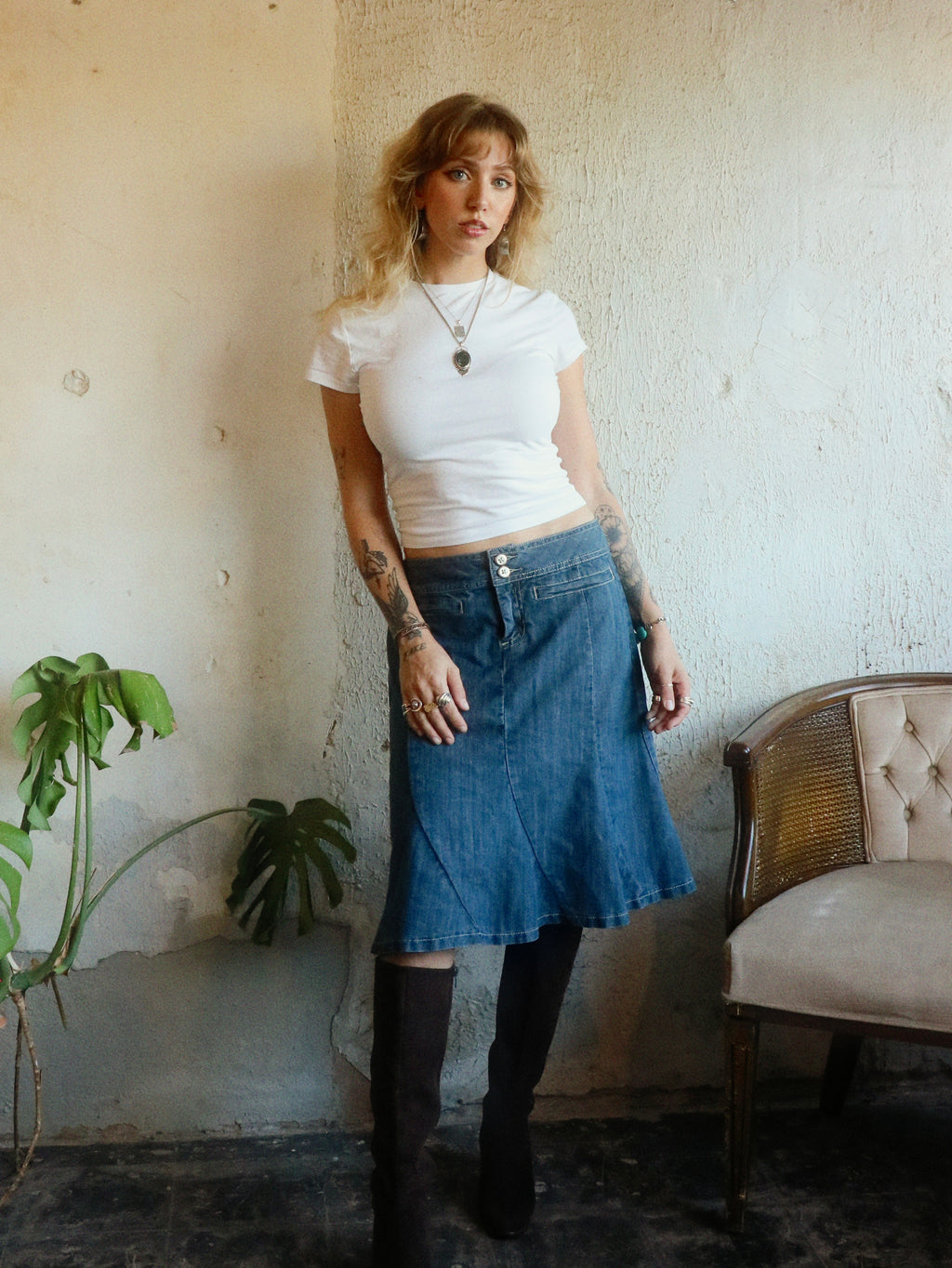Y2K Denim Swing Midi Skirt - Size 10 (Medium)