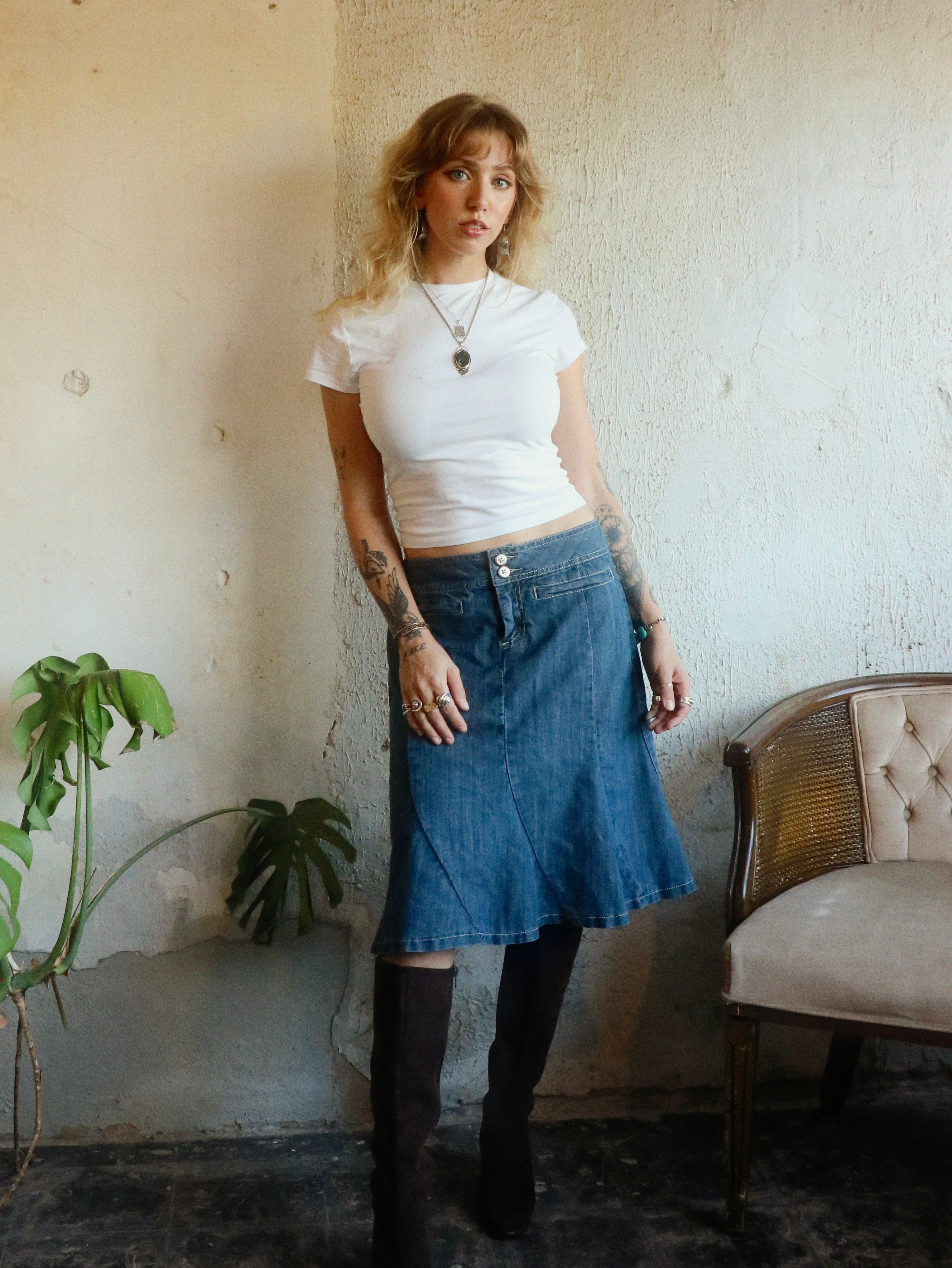 Y2K Denim Swing Midi Skirt - Size 10 (Medium)