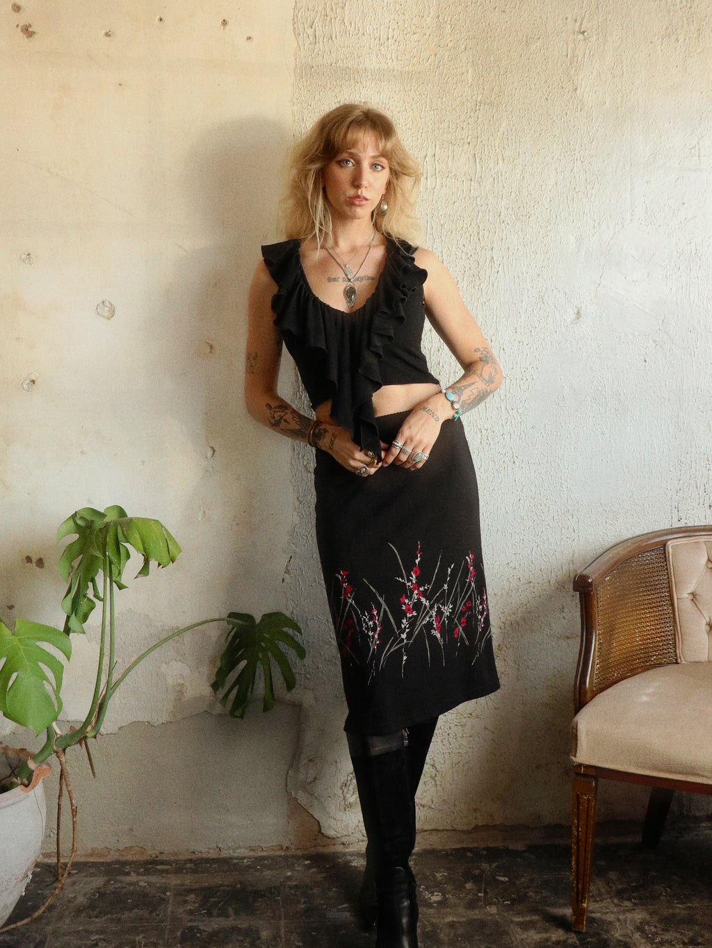 Y2K Cherry Blossom Midi Skirt - Size XS