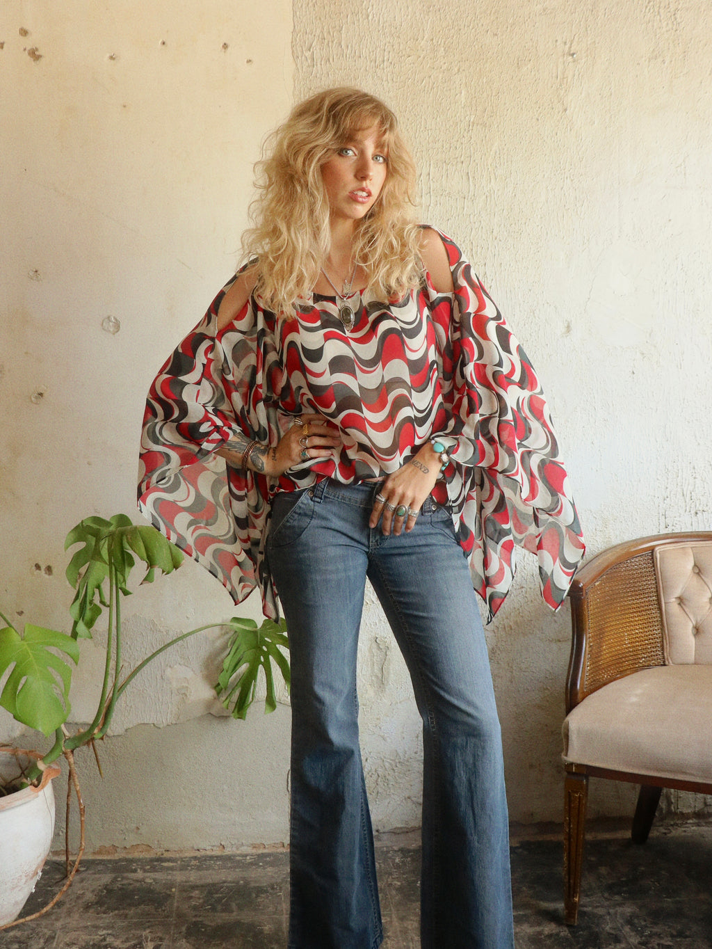 Y2K Cold Shoulder Handkerchief Blouse - Size Large