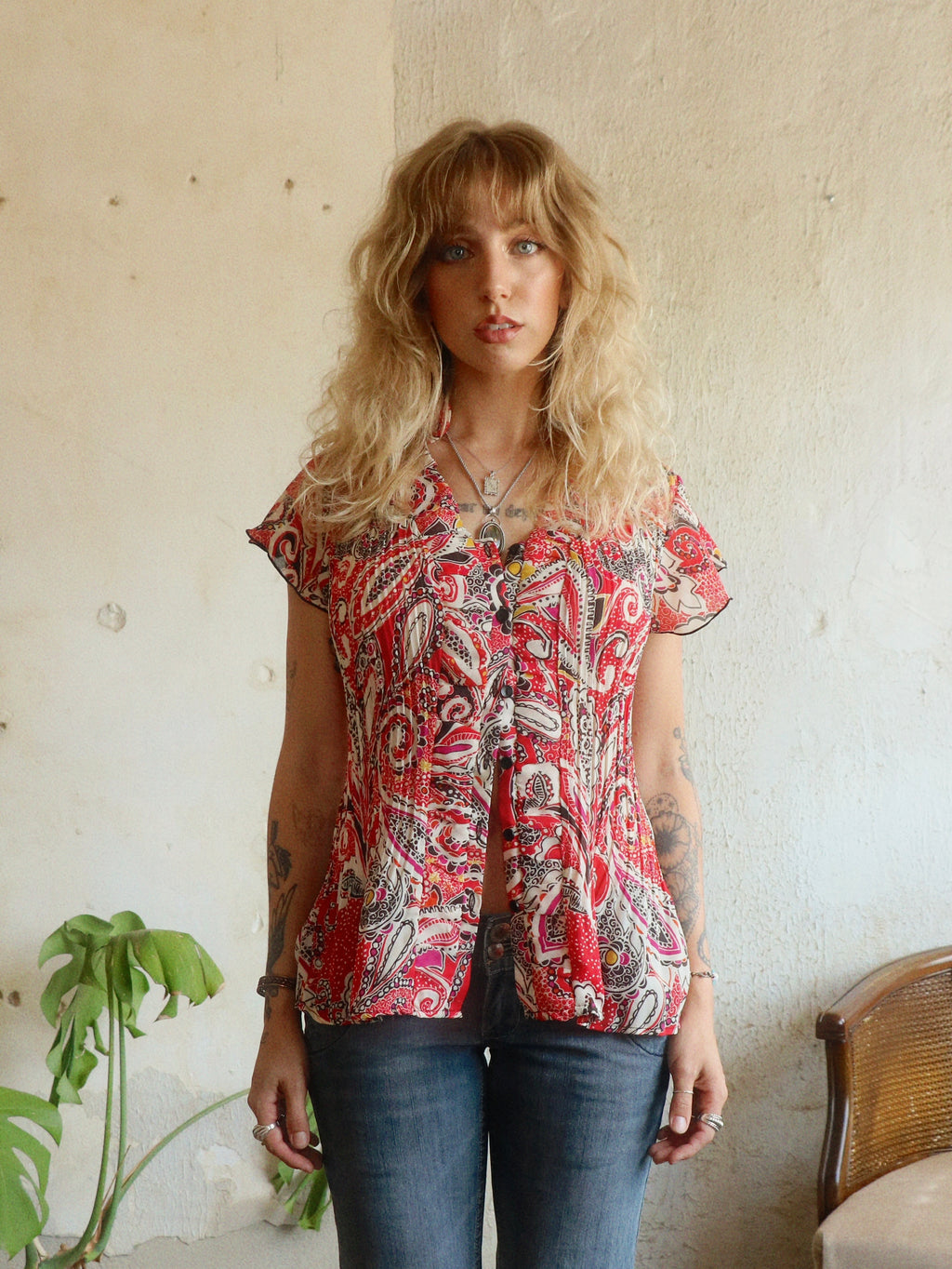 Y2K Red Paisley Pleated Blouse - Size Medium