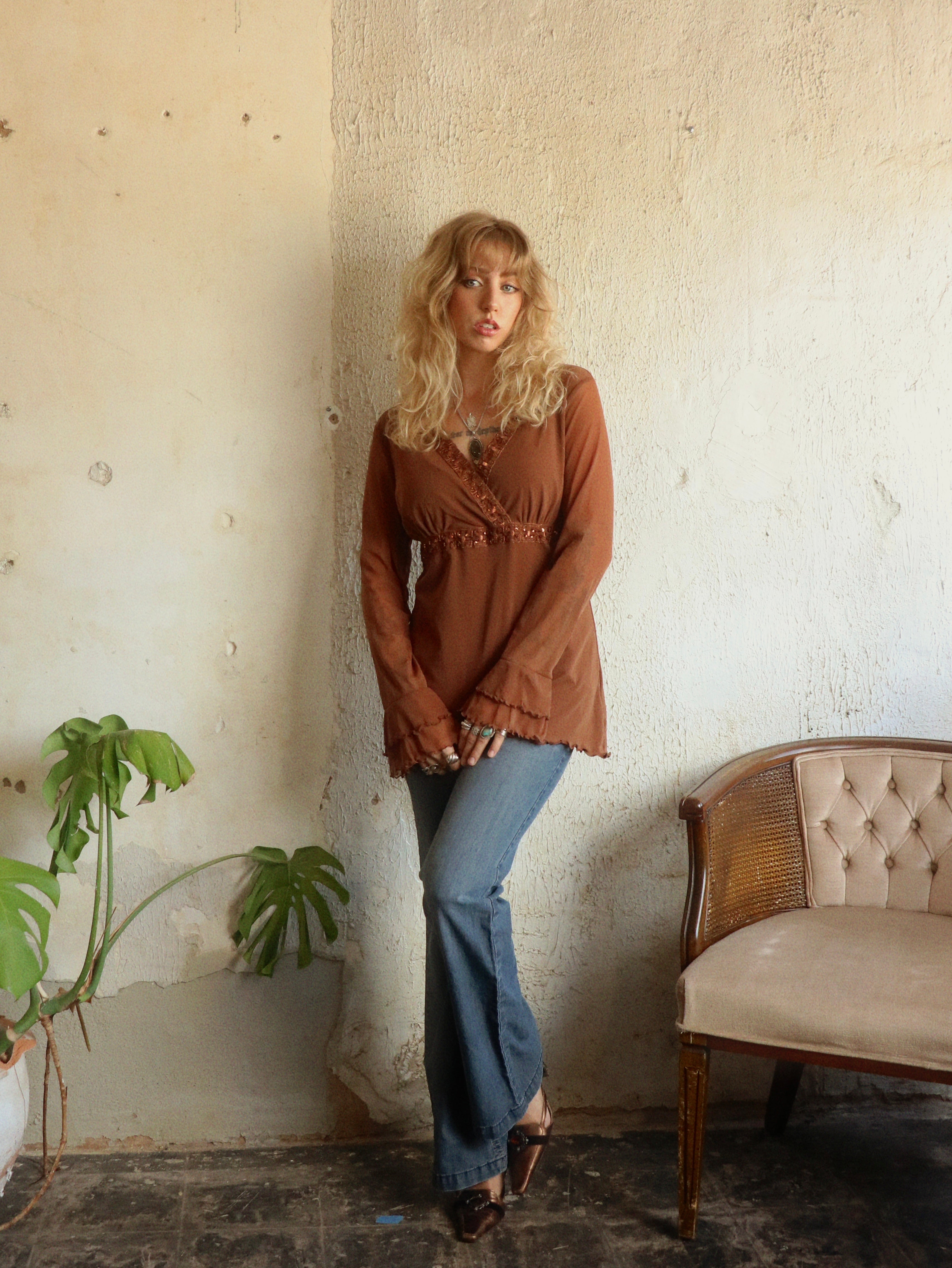 Y2K Beaded Cocoa Java Blouse - Size Large