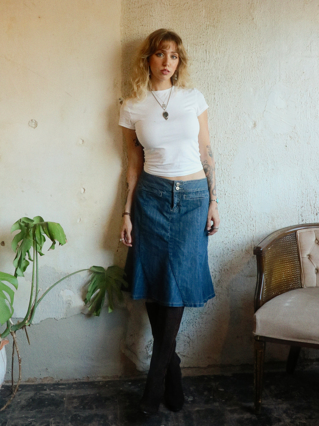 Y2K Denim Swing Midi Skirt - Size 10 (Medium)