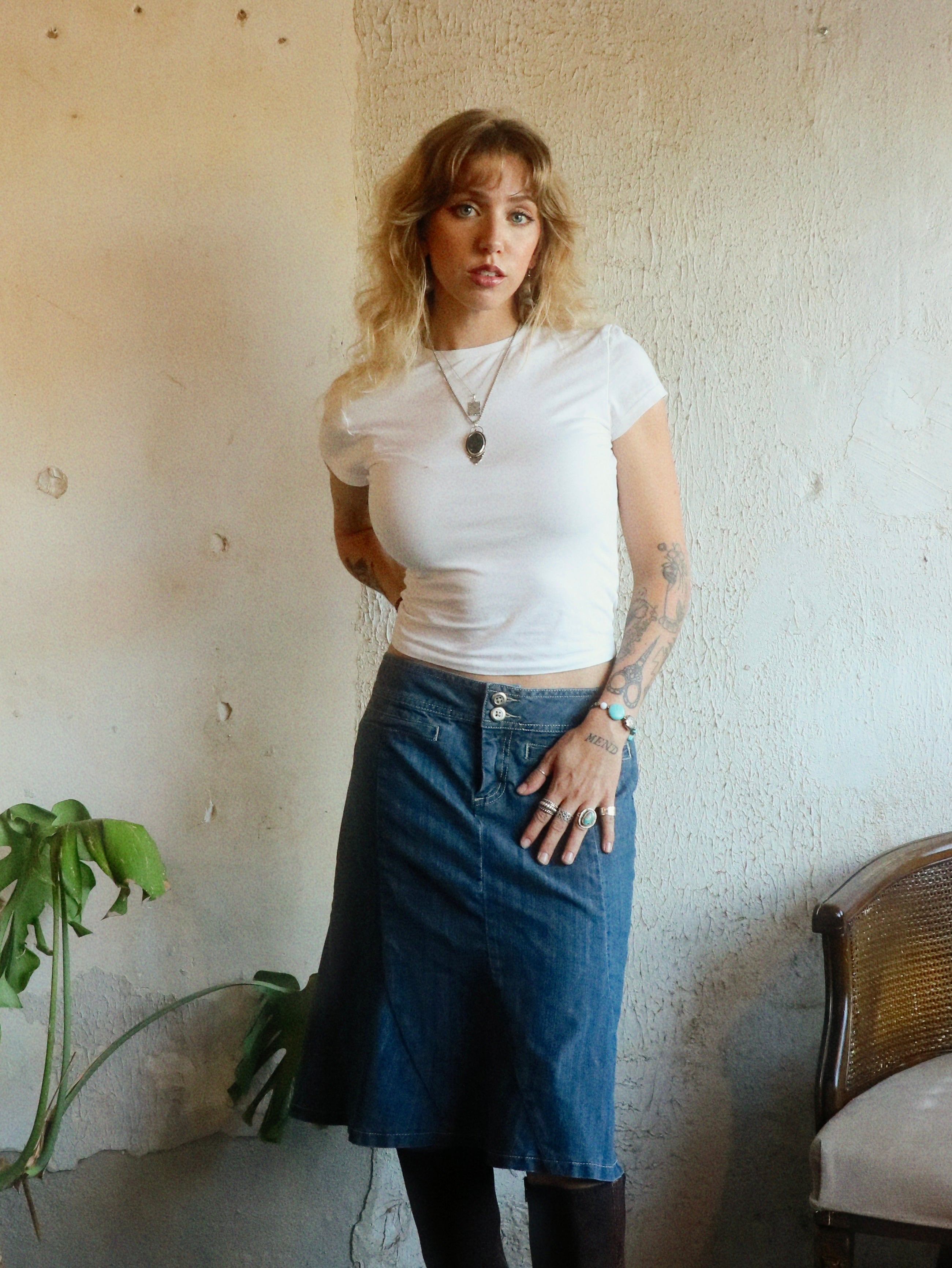 Y2K Denim Swing Midi Skirt - Size 10 (Medium)
