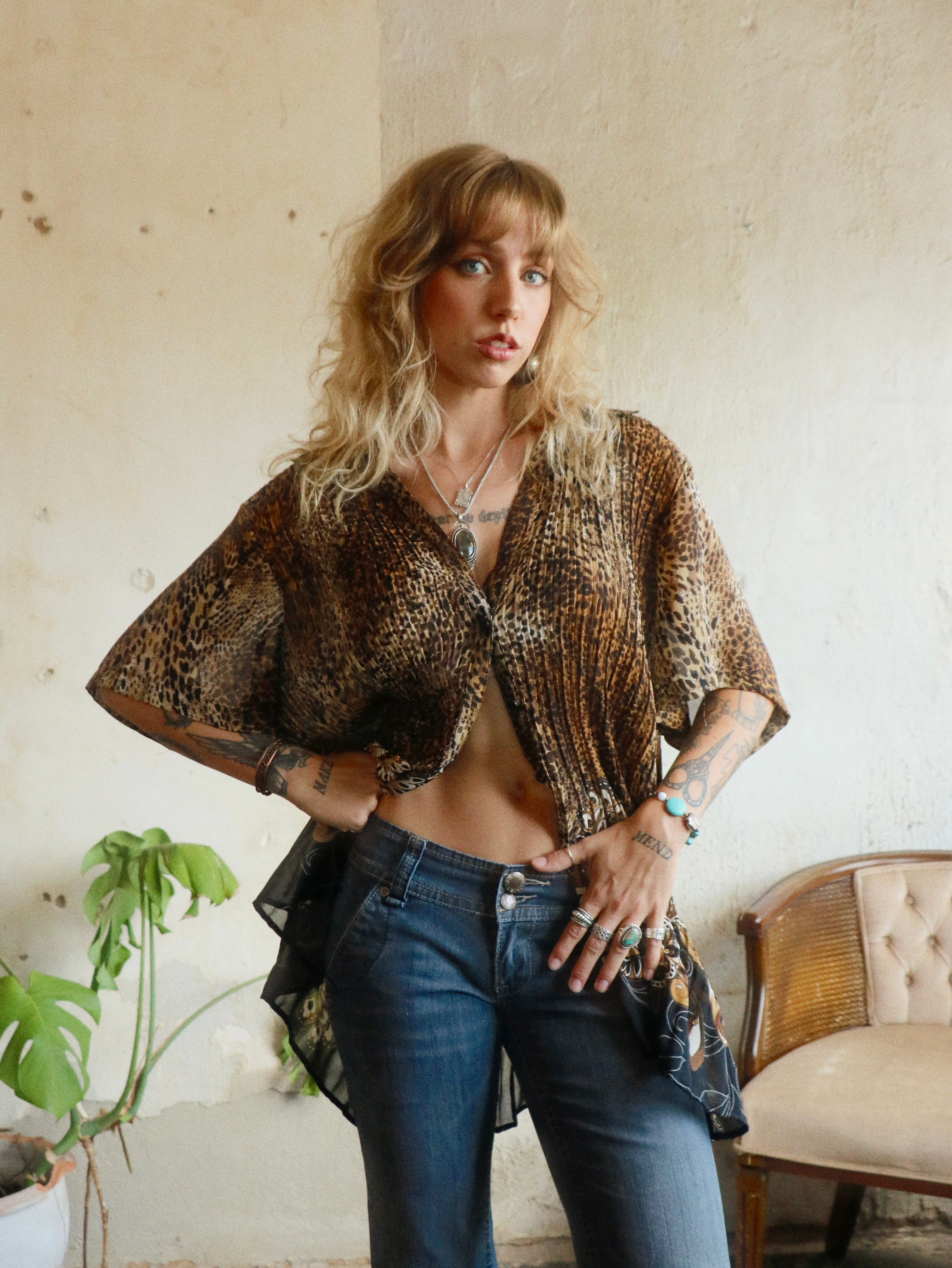 Y2K Beaded Leopard Swing Blouse - Size 3X