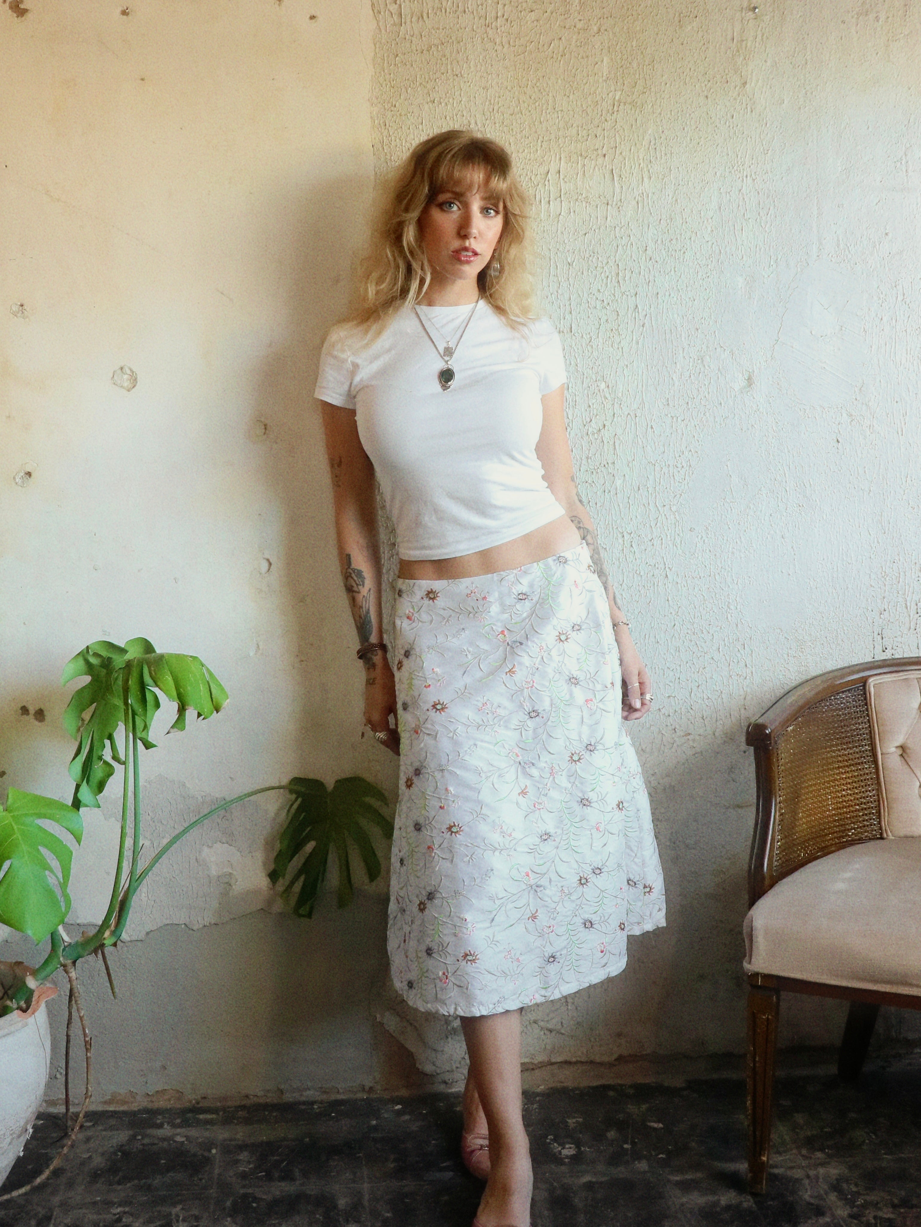 Y2K Floral Embroidered Midi Skirt - Size Large