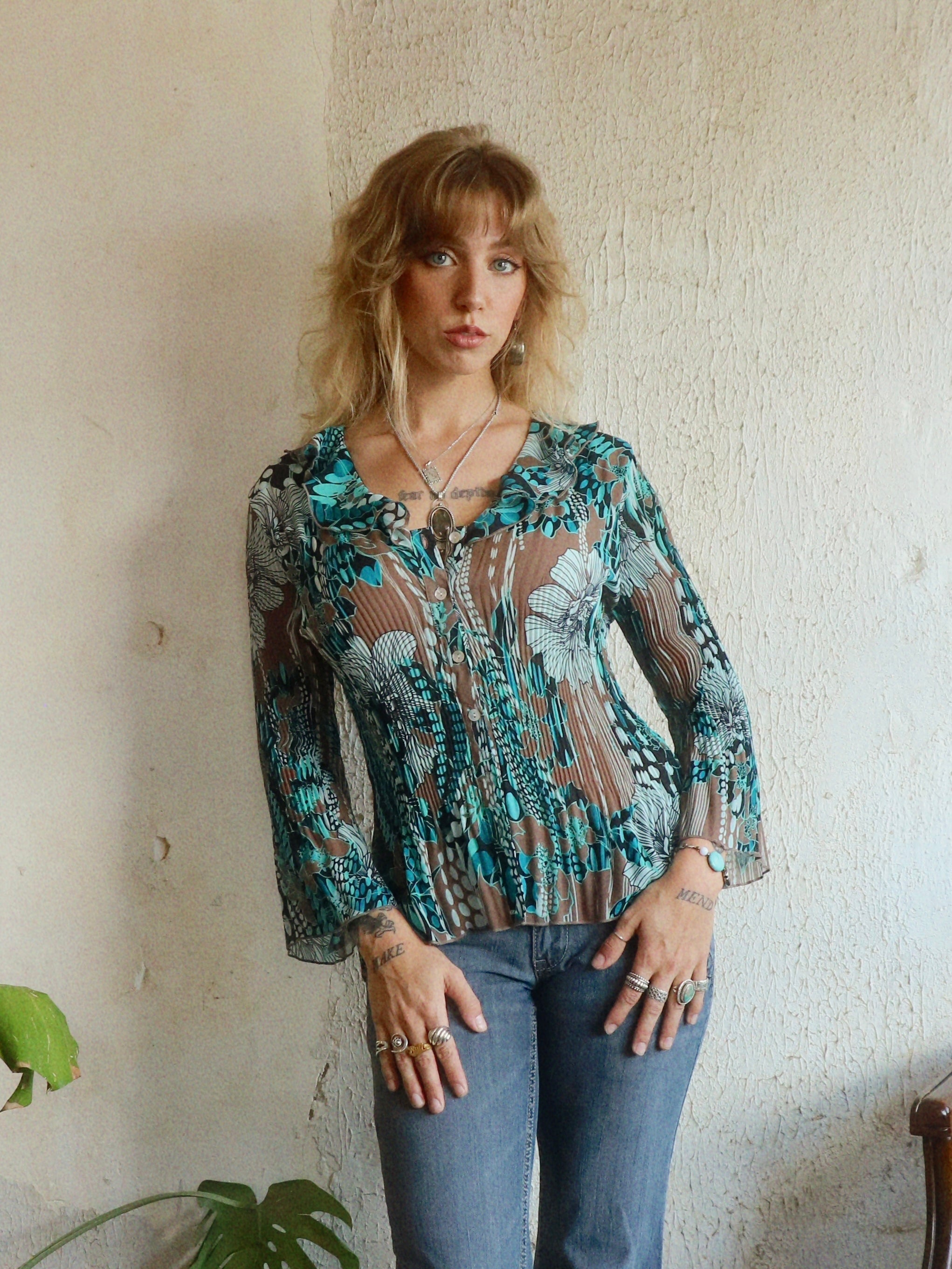Y2K Floral Pleated Blouse - Size Small