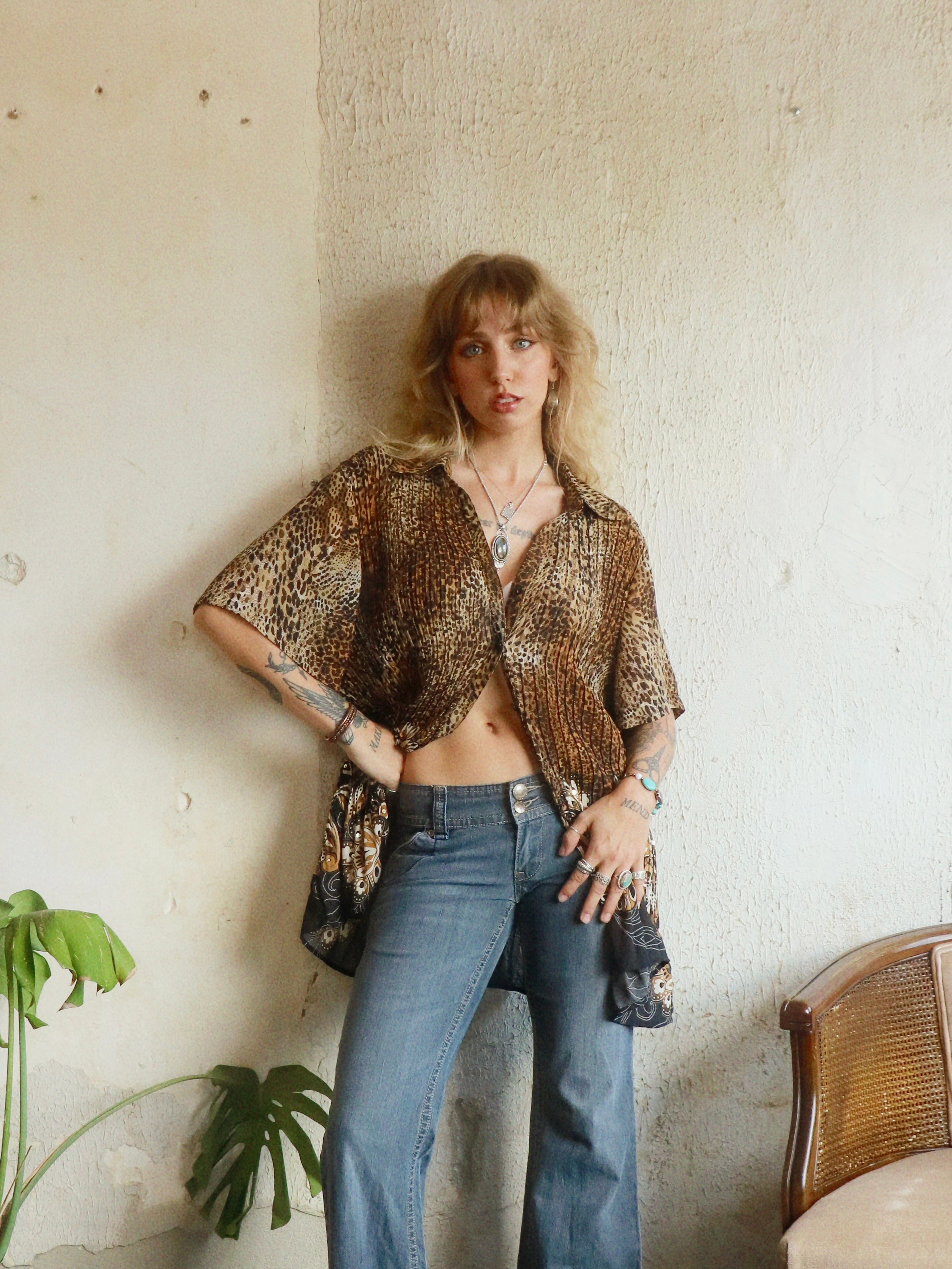 Y2K Beaded Leopard Swing Blouse - Size 3X