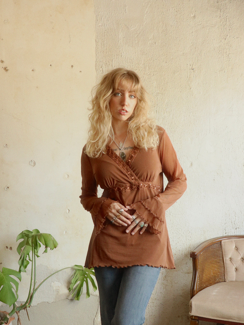 Y2K Beaded Cocoa Java Blouse - Size Large