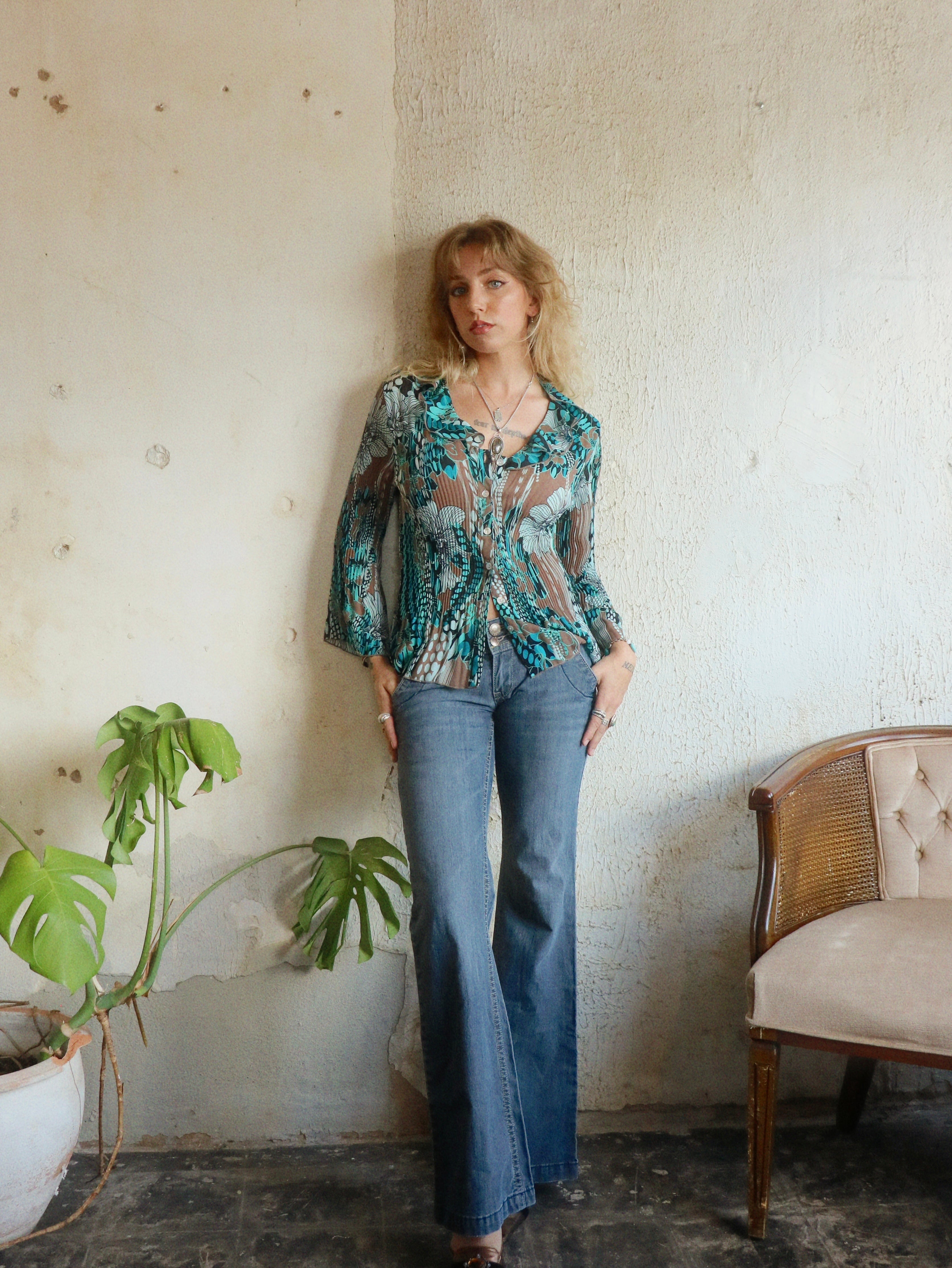 Y2K Floral Pleated Blouse - Size Small
