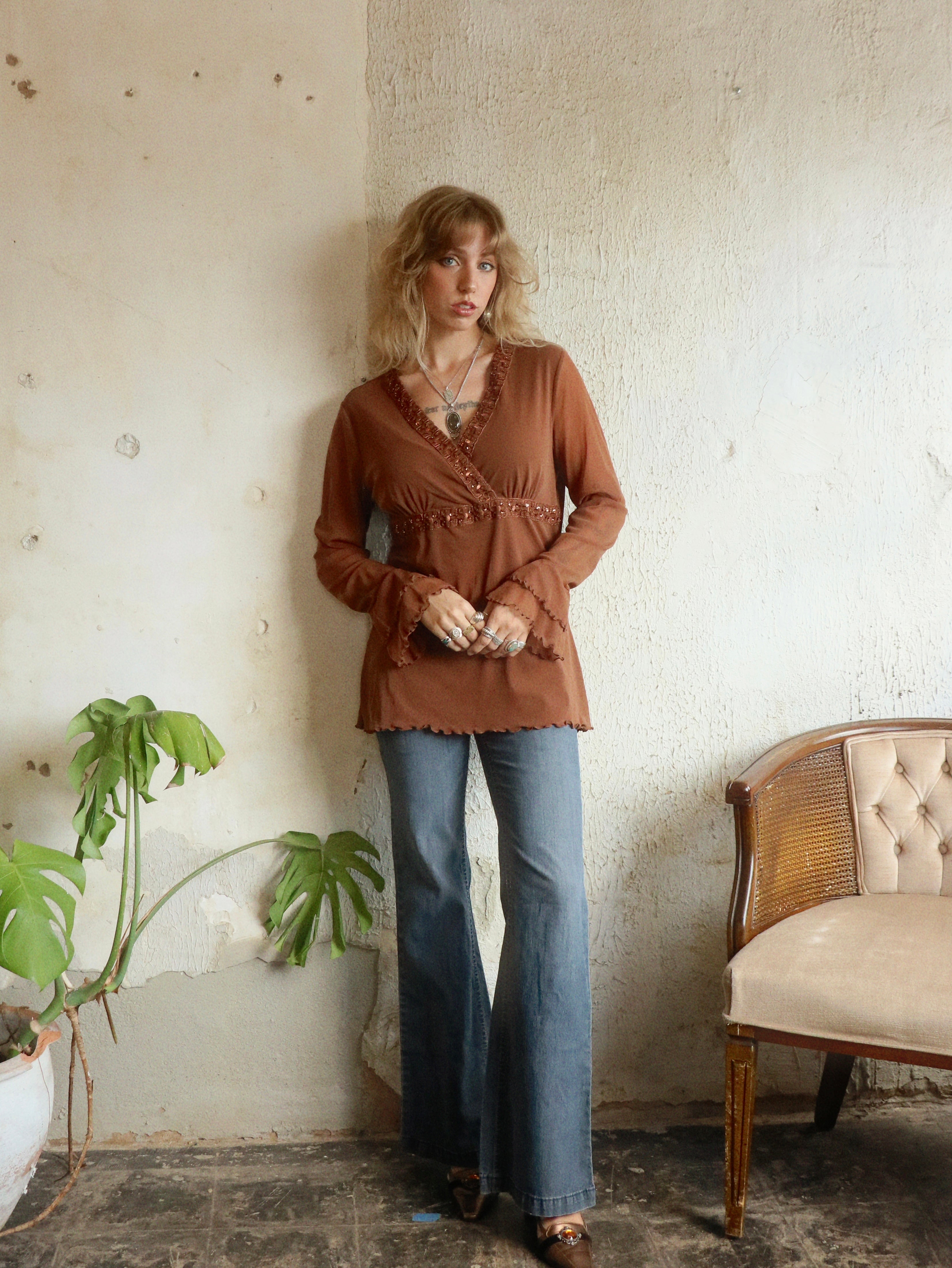 Y2K Beaded Cocoa Java Blouse - Size Large