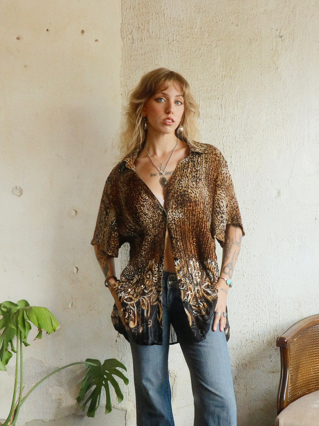 Y2K Beaded Leopard Swing Blouse - Size 3X