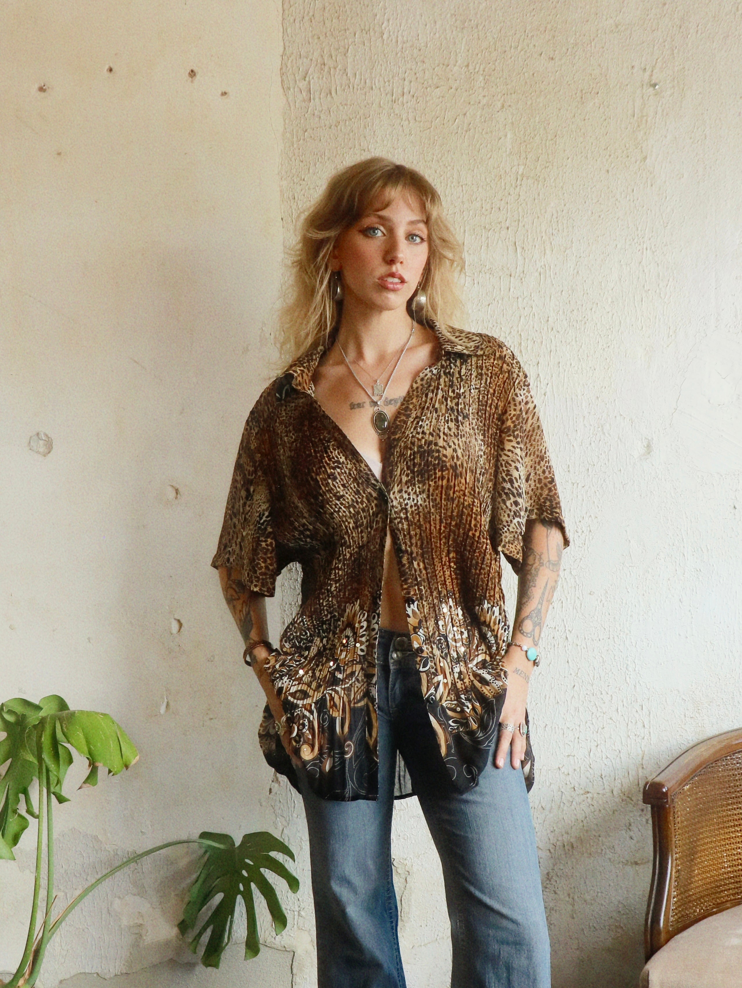 Y2K Beaded Leopard Swing Blouse - Size 3X