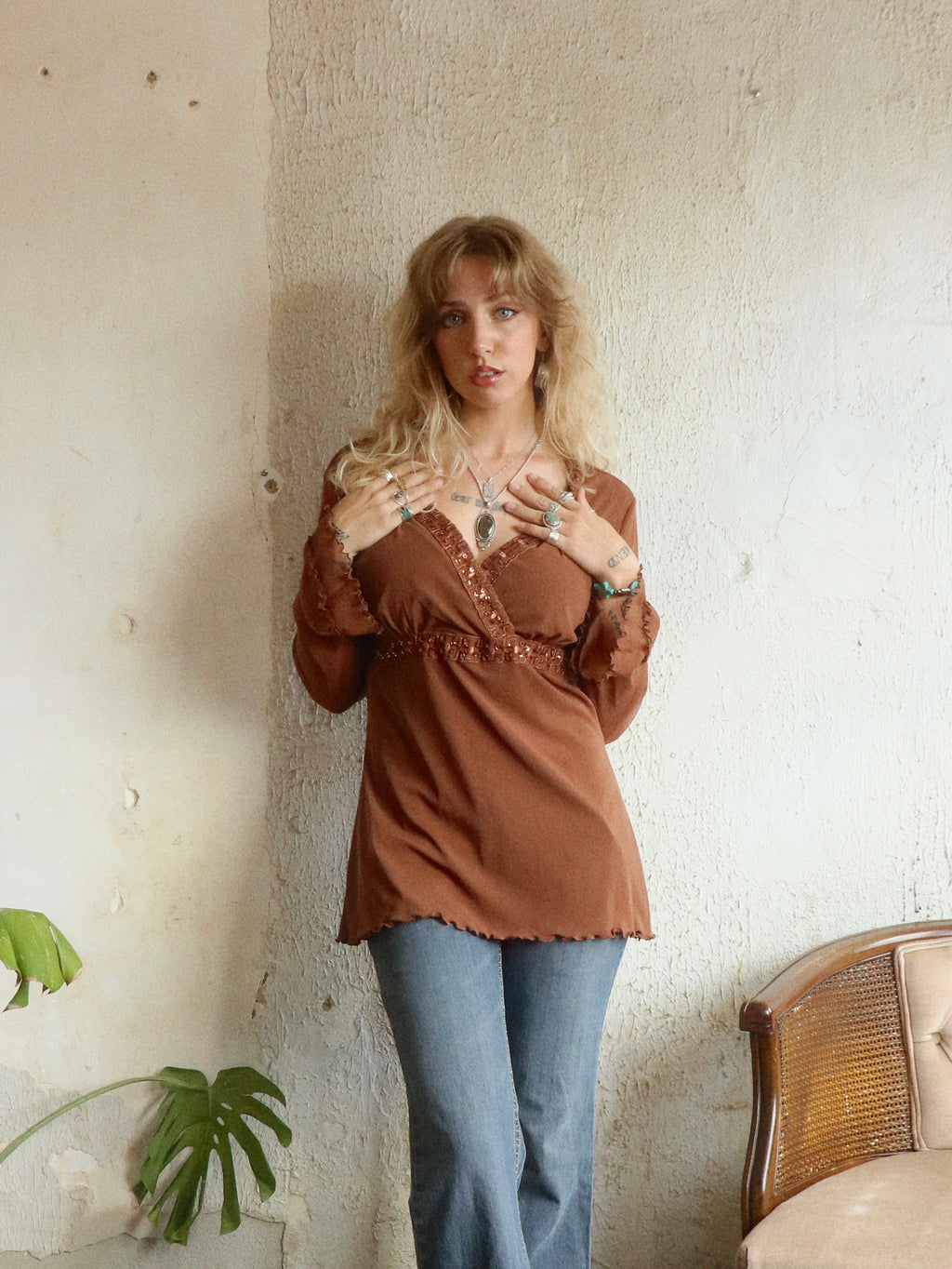Y2K Beaded Cocoa Java Blouse - Size Large